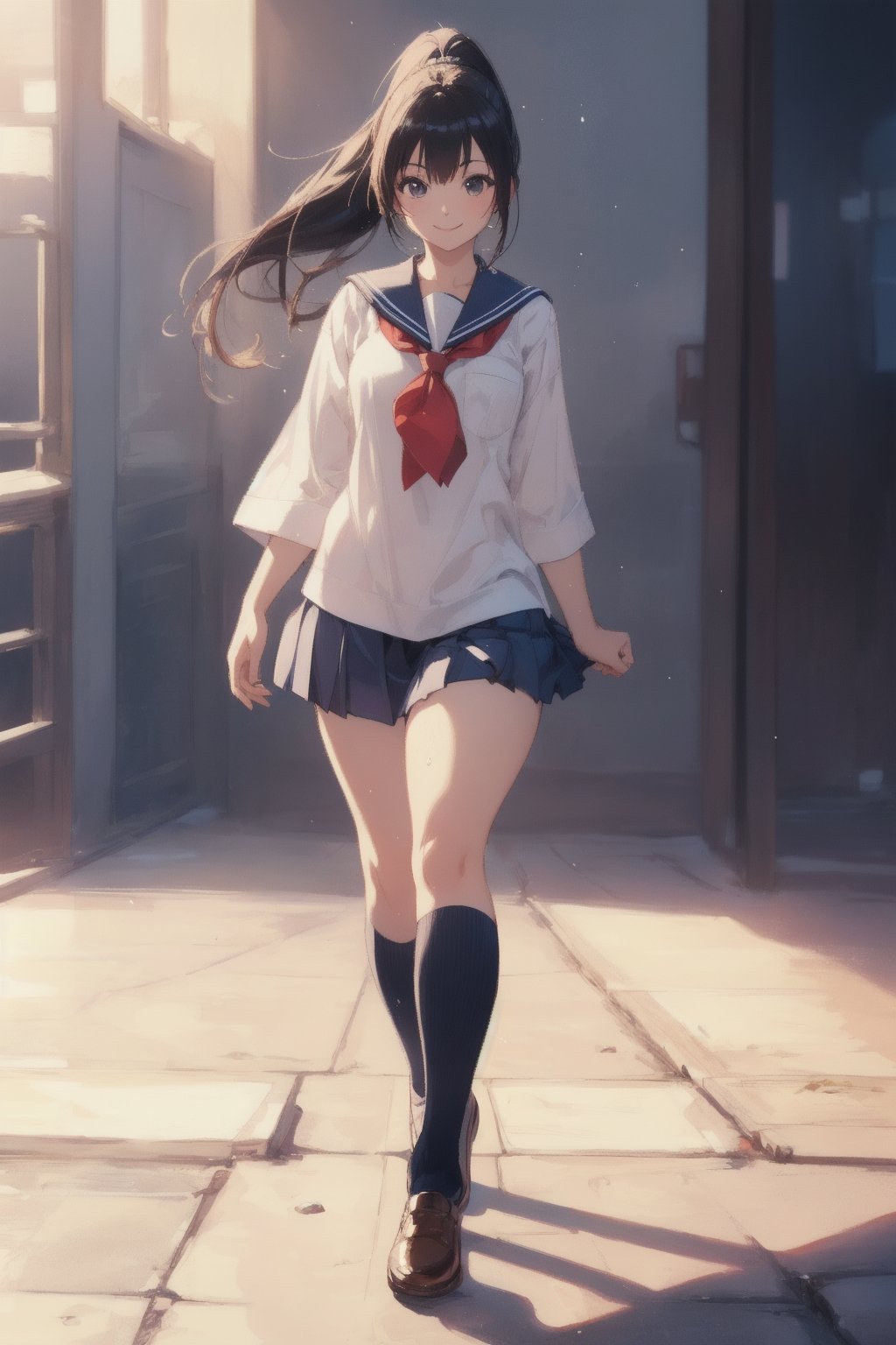 anime style beautiful woman, 1girl, (ponytail), black hair, (long hair), 
(smile), (full body), 
Slender, skinny, (turime), thick eyebrows, 
(school uniform), (sailor uniform), ((red sailor tie)), (white sailor blouse), 
beautiful woman, highest quality, high resolution, best quality, highest quality, high resolution, 18-year-old girl, light smile, perfect shiny skin, fair skin, flawless skin, solo, sweat, simple_background, RAW photo, highest quality, High detail RAW color photo professional photo, realistic, photo realism, highest quality, best shadow, best illustration, ultra high resolution, highly detailed CG unified 8K wallpapers, physics-based rendering, depth of field, cinematic lighting, 8k, 16k