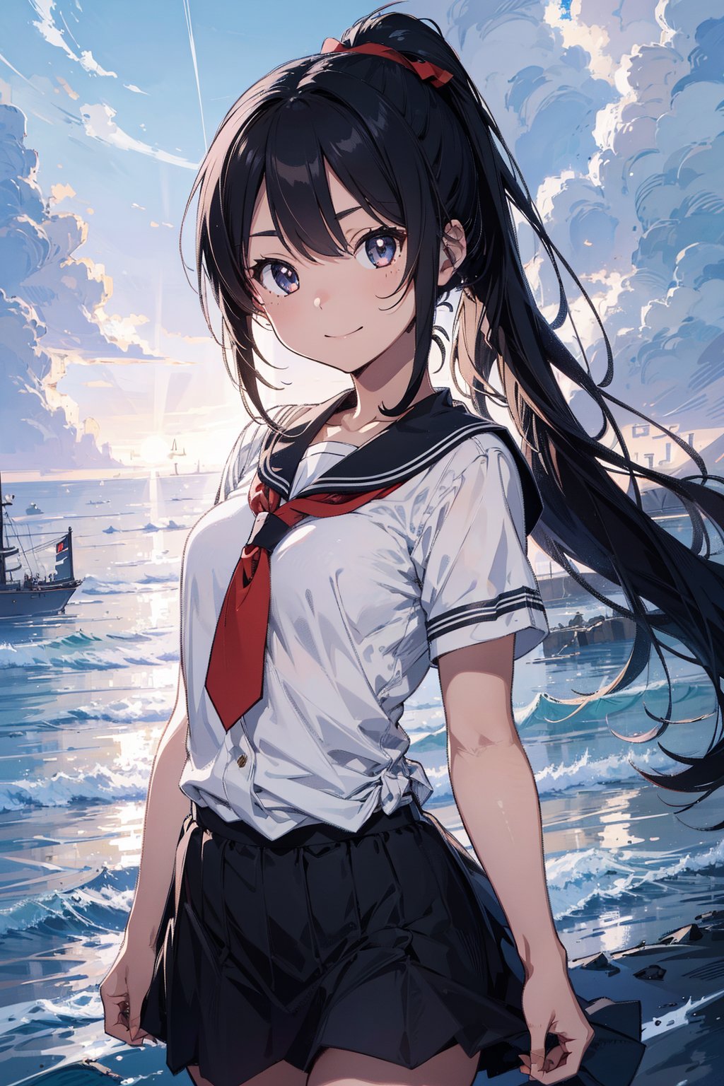 anime style beautiful woman, 1girl, (ponytail), black hair, (long hair), (smile), (beach), (A blanket of clouds stretching across the sky, diffusing sunlight and creating a soft, subdued atmosphere)),  
Slender, skinny, (turime), thick eyebrows, 
(school uniform), (sailor uniform), ((red sailor tie)), (white sailor blouse), 
vibrant colors, sharp focus, best quality, depth of field, cinematic lighting, (illustration, 8k CG, extremely detailed), ultra-detailed, high resolution, firefliesfireflies, perfect light, 
stylish pose, 8k, very clear, highest quality, high resolution. best quality, illustration, sax blue, 1girl, cute, (dynamic lighting:1.2), cinematic lighting, delicate facial features, detailed eyes, sharp pupils, realistic pupils, depth of field, bokeh, sharp focus, (hyper-detailed, bloom, glow:1.4), many small gems,breakdomain