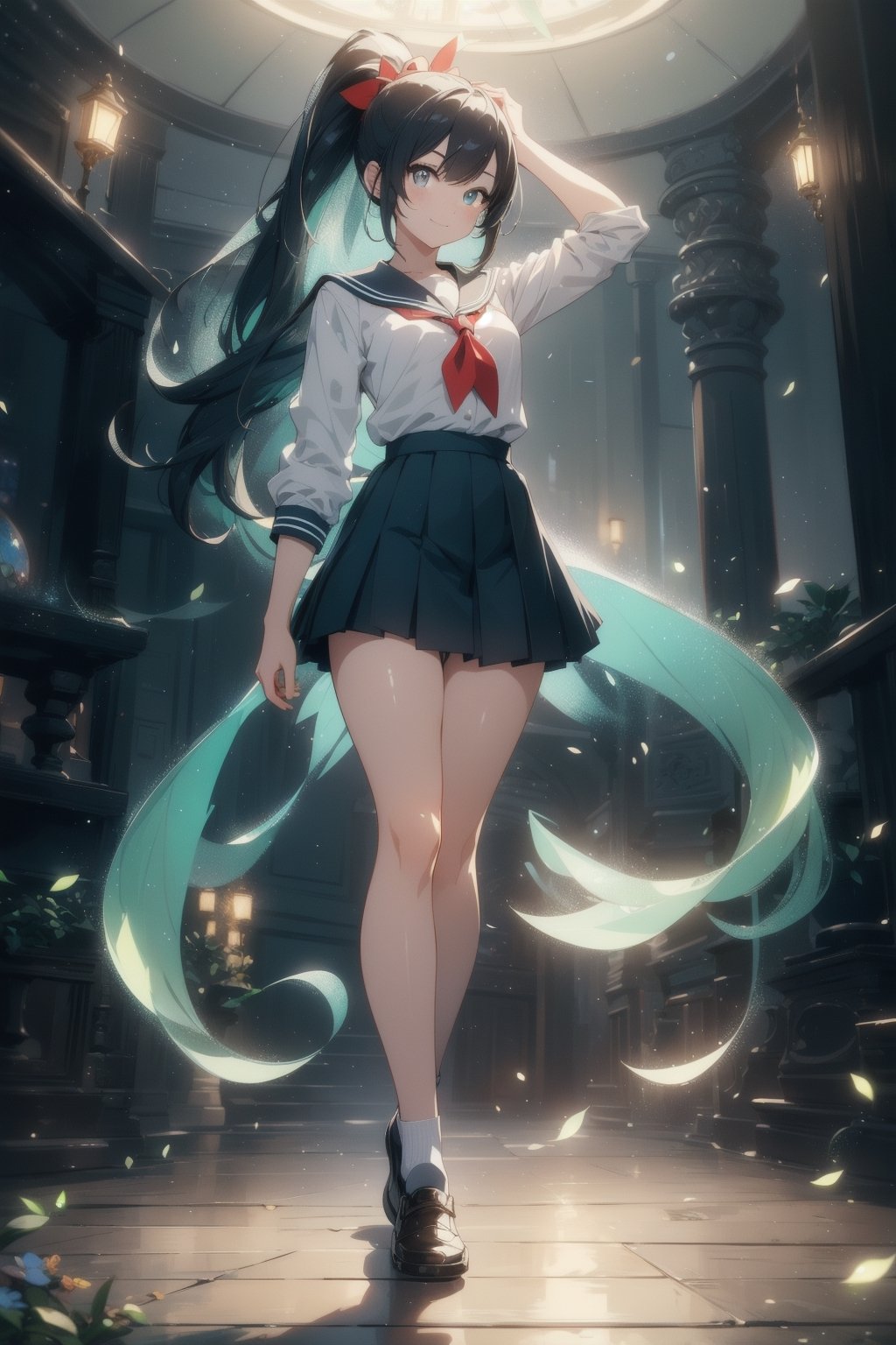 anime style beautiful woman, 1girl, (ponytail), black hair, (long hair), (smile), indoors, ((full body)), forest, Green, 
Slender, skinny, (turime), thick eyebrows, 
(school uniform), (sailor uniform), ((red sailor tie)), (white sailor blouse), 
vibrant colors, sharp focus, best quality, depth of field, cinematic lighting, (illustration, 8k CG, extremely detailed), ultra-detailed, high resolution, firefliesfireflies, perfect light, 
((stylish pose)), 8k, very clear, highest quality, high resolution. best quality, illustration, sax blue, 1girl, cute, (dynamic lighting:1.2), cinematic lighting, delicate facial features, detailed eyes, sharp pupils, realistic pupils, depth of field, bokeh, sharp focus, (hyper-detailed, bloom, glow:1.4), many small gems,Magic Forest