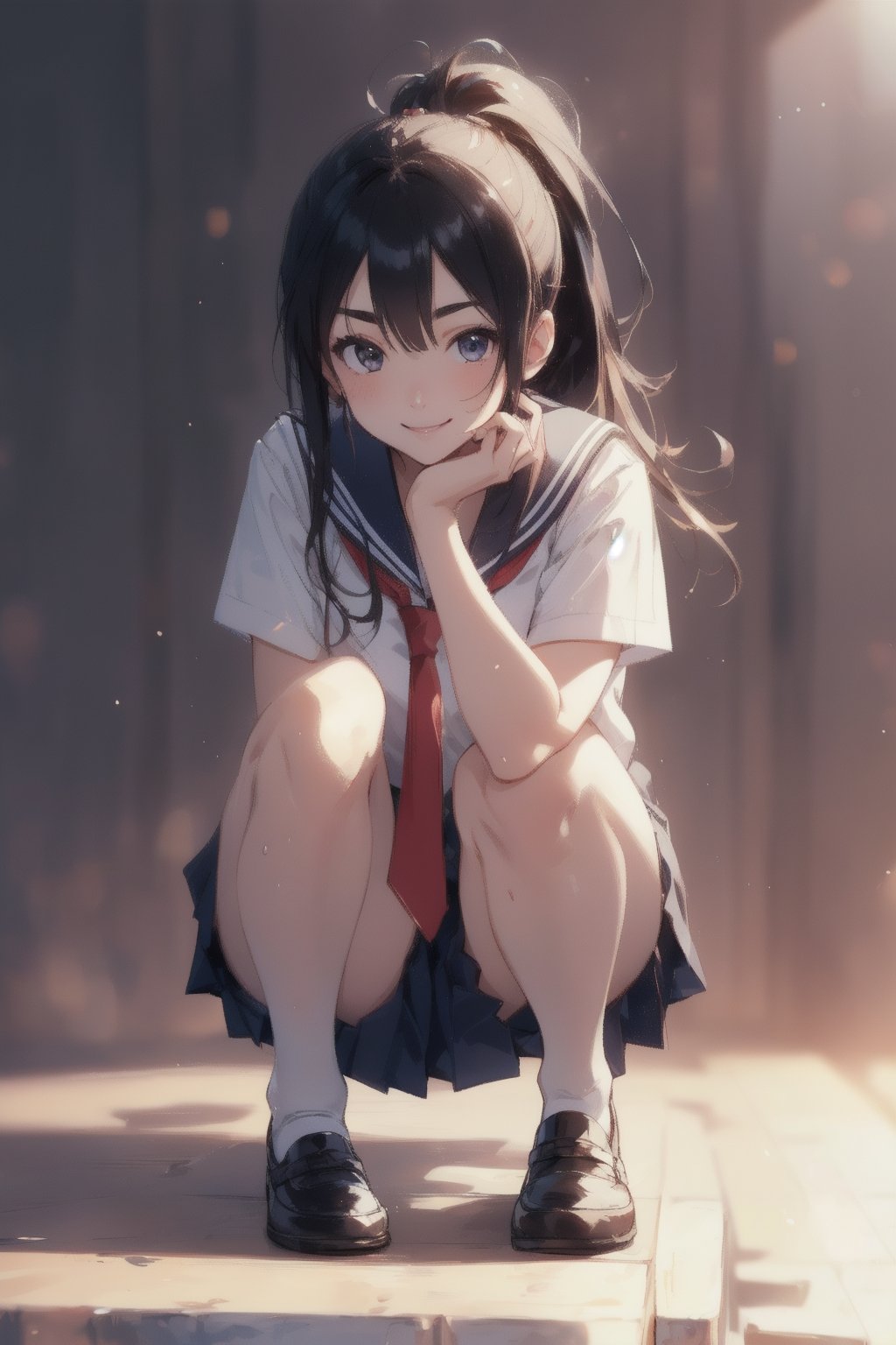 anime style beautiful woman, 1girl, (ponytail), black hair, (long hair), 
(smile), (full body), 
Slender, skinny, (turime), thick eyebrows, 
(school uniform), (sailor uniform), ((red sailor tie)), (white sailor blouse), 
beautiful woman, highest quality, high resolution, best quality, highest quality, high resolution, 18-year-old girl, light smile, perfect shiny skin, fair skin, flawless skin, solo, sweat, simple_background, RAW photo, highest quality, High detail RAW color photo professional photo, realistic, photo realism, highest quality, best shadow, best illustration, ultra high resolution, highly detailed CG unified 8K wallpapers, physics-based rendering, depth of field, cinematic lighting, 8k, 16k