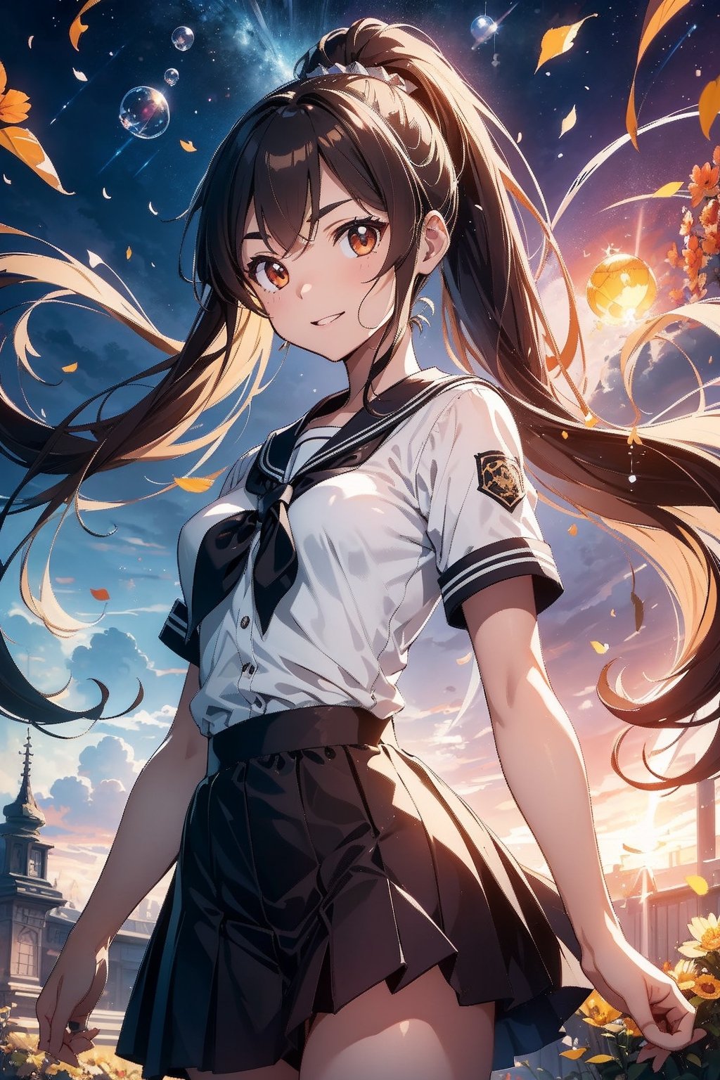 anime style beautiful woman, 1girl, (ponytail), brown hair, (long hair), smile, 
Slender, skinny, Flat Chest, small breasts, (turime), thick eyebrows, 
school uniform, sailor uniform, symple background, 
vibrant colors, female, masterpiece, sharp focus, best quality, depth of field, cinematic lighting, ((solo, one woman )), (illustration, 8k CG, extremely detailed), ultra-detailed, high resolution, firefliesfireflies,perfect light
The rays of hope in the entire universe converged on the goddess's chest, and a brand new sun was born from the goddess's chest ,(petals | rain), (Bubble | crystal), (Glory|White Cloud),
