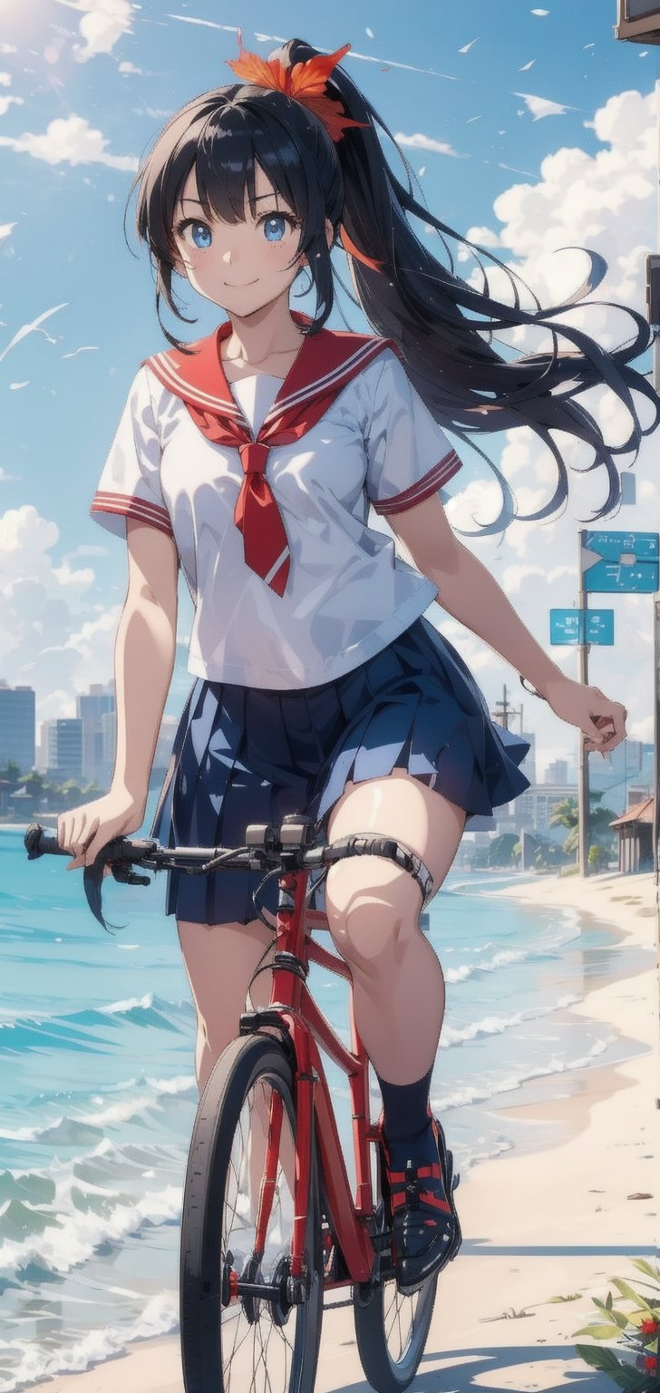 anime style beautiful woman, 1girl, (ponytail), black hair, (long hair), (smile), (beach), (outdoor, blue sky, beautiful fantasy tropics, sweet smile, vivid color, sunshine, flowers, hibiscus, scenery, Beautiful Beach)),  ( riding a bicycle across the road, big city, main road), 
Slender, skinny, Flat Chest, small breasts, (turime), thick eyebrows, 
(school uniform), (sailor uniform), ((red sailor tie)), (white sailor blouse), 
vibrant colors, sharp focus, best quality, depth of field, cinematic lighting, (illustration, 8k CG, extremely detailed), ultra-detailed, high resolution, firefliesfireflies, perfect light, 
stylish pose, 8k, very clear, highest quality, high resolution. best quality, illustration, sax blue, 1girl, cute, (dynamic lighting:1.2), cinematic lighting, delicate facial features, detailed eyes, sharp pupils, realistic pupils, depth of field, bokeh, sharp focus, (hyper-detailed, bloom, glow:1.4), many small gems,Beautiful Beach,riding a road bike