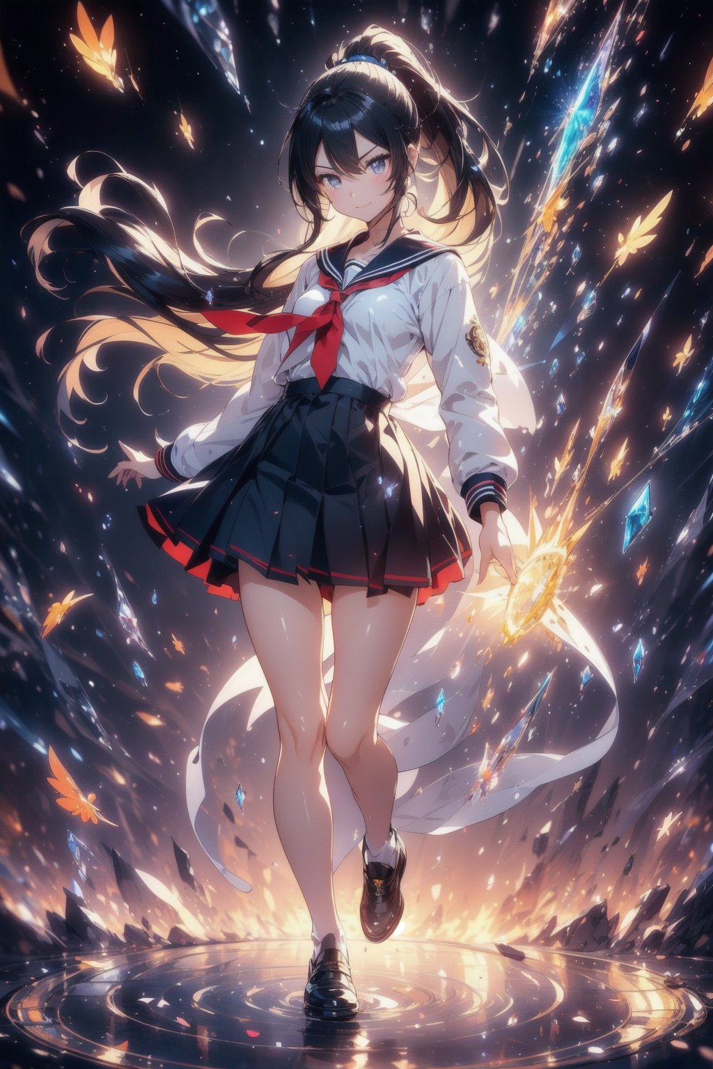 anime style beautiful woman, 1girl, (ponytail), black hair, (long hair), (smile), 
Slender, skinny, (turime), thick eyebrows, 
(school uniform), (sailor uniform), ((red sailor tie)), (white sailor blouse), ((full body)), 
vibrant colors, female, masterpiece, sharp focus, best quality, depth of field, cinematic lighting, ((solo, one woman )), (illustration, 8k CG, extremely detailed), ultra-detailed, high resolution, firefliesfireflies, perfect light, 
The rays of hope in the entire universe converged on the goddess's chest, and a brand new sun was born from the goddess's chest ,(petals | rain), (Bubble | crystal), (Glory|White Cloud),
stylish pose, 8k, very clear, looking at viewer, simple background, solo, highest quality, high resolution. best quality, illustration, sax blue, 1girl, cute, (dynamic lighting:1.2), cinematic lighting, delicate facial features, detailed eyes, sharp pupils, realistic pupils, depth of field, bokeh, sharp focus, (hyper-detailed, bloom, glow:1.4), many small gems,