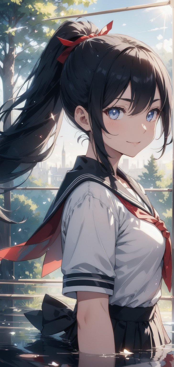 anime style beautiful woman, 1girl, (ponytail), black hair, (long hair), (smile), (((Landscape, sky, blurry, tree, summer, stunning aesthetics, sunlight, majestic forest, beautiful and detailed image, reflection))), upper body, 
Slender, skinny,  (turime), thick eyebrows, 
(school uniform), (sailor uniform), ((red sailor tie)), (white sailor blouse), 
vibrant colors, sharp focus, best quality, depth of field, cinematic lighting, (illustration, 8k CG, extremely detailed), ultra-detailed, high resolution, firefliesfireflies, perfect light, 
stylish pose, 8k, very clear, highest quality, high resolution. best quality, illustration, sax blue, 1girl, cute, (dynamic lighting:1.2), cinematic lighting, delicate facial features, detailed eyes, sharp pupils, realistic pupils, depth of field, bokeh, sharp focus, (hyper-detailed, bloom, glow:1.4), many small gems, e235,Void volumes,Classroom,Magic Forest,Nature,Landscape