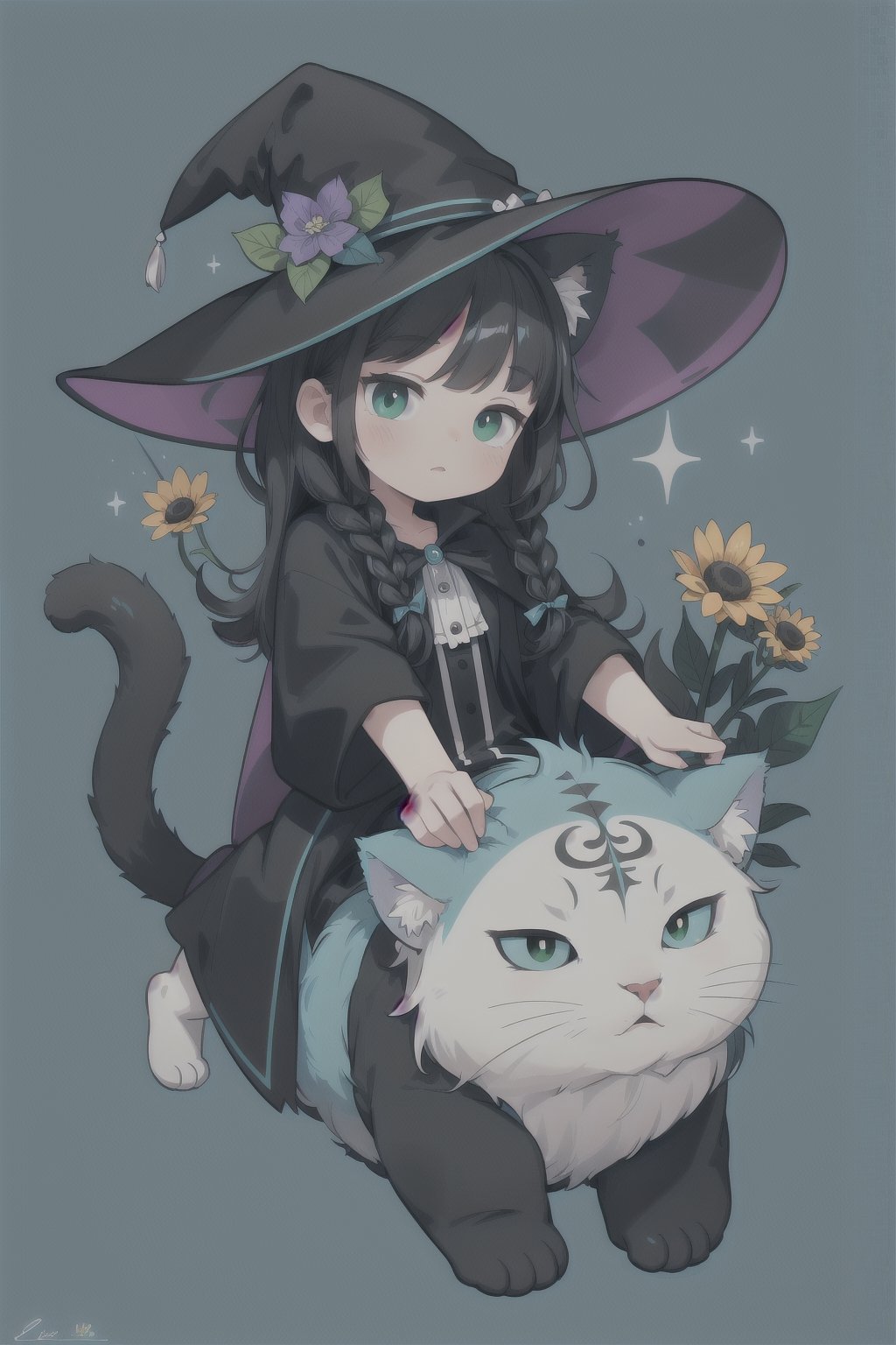 (( Riding a giant fat fluffy cat )) , shining eyes , twin braid , black hair , parted bangs, little girl, 10 years old, simple green witch's big hat and green robe, intricate details, 32k digital painting, hyperrealism, (vivid color,abstract background:1.3, colorful:1.3, flowers:1.2, zentangle:1.2, fractal art:1.1) ,High detailed ,