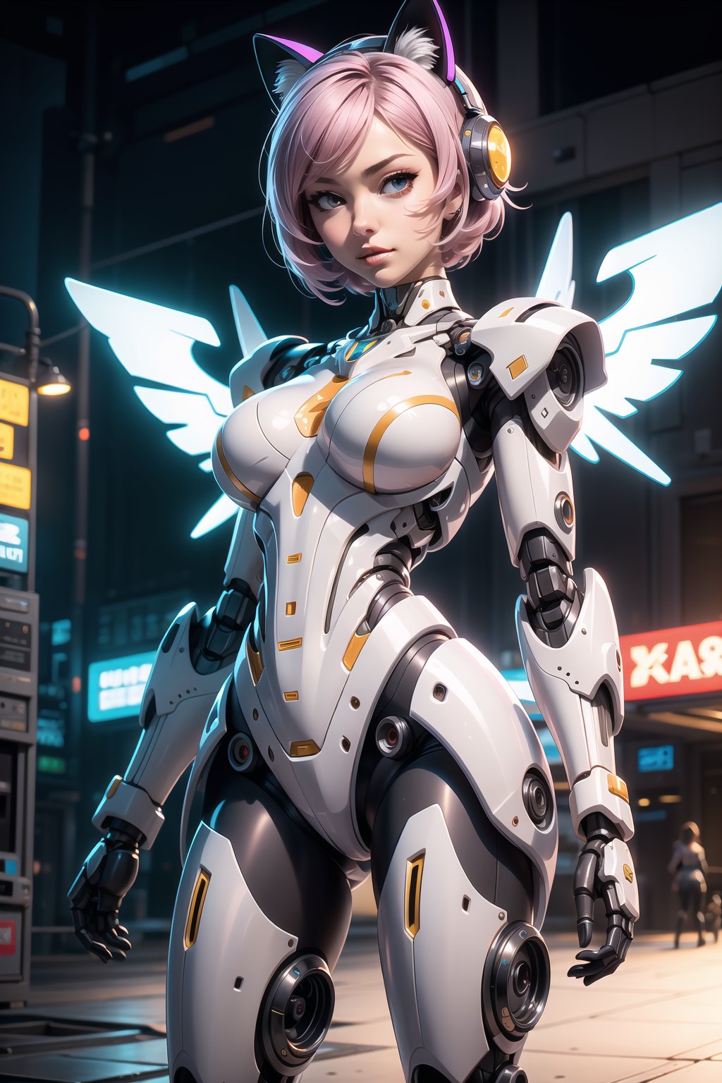 masterpiece, best quality,ultra-detailed, 1girl solo, grey theme, mecha musume, mechanical parts, mecha wings and rockets, robot joints, blush, standing, cowboy shot, cat ears, sakamata, mecha,cyberpunk robot