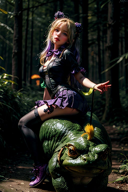 (photorealistic:1.4) (masterpiece, best quality, dramatic lighting:1.2), druidmagicai, bjddolls, cute, happy, cheering, beautiful (blonde:1.3) girl riding a giant frog through the lush ancient gnarly forest, detailed green eyes, whimsical, (bio-luminescenct mushroom:1.2), bioluminescence, mushrooms, (glowworms:1.2), twintails, (purple hair ribbons:1.2), saddle, wearing backpack
