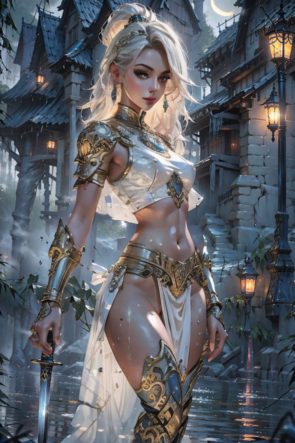 High resolution,  in the misty night, A woman dressed in an Assassin Viking light armor with a mysterious sadness in her eyes. With natural indescribable grace and elegance, when she dances and holds a long katana blade in her hand, wetness on her open bust C-cup, and the gentle breeze moving her white-golish hair. The magnificent Nordic golden jewelry set around her thigh and torso is breathtaking. The way she moves with such effortless poise and sophistication is mesmerizing. 