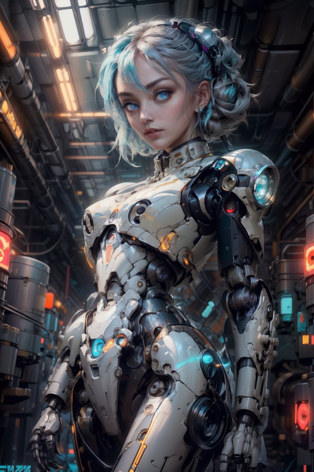 cgmech, beautiful eyes, upper body, underboob,  portrait, robot, armor, Hatsune Miku, neon light, 8K, RAW, best quality, masterpiece, ultra high res, colorful, (medium wide shot), (dynamic perspective), sharp focus , (depth of field, bokeh:1.3), extremely detailed eyes and face, beautiful detailed eyes,large breasts,(black gold, trimmed gear:1.2),(In a futuristic weapons factory:1.2), ((masterpiece, best quality)),  Detailed background, spaceship interior  ,,cyberpunk robot,mecha