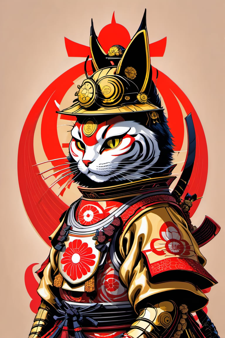 samurai cat, samurai armor, golden kabuto, white fur, masterpiece, concept art, vector art, tan background with japan rising sun art