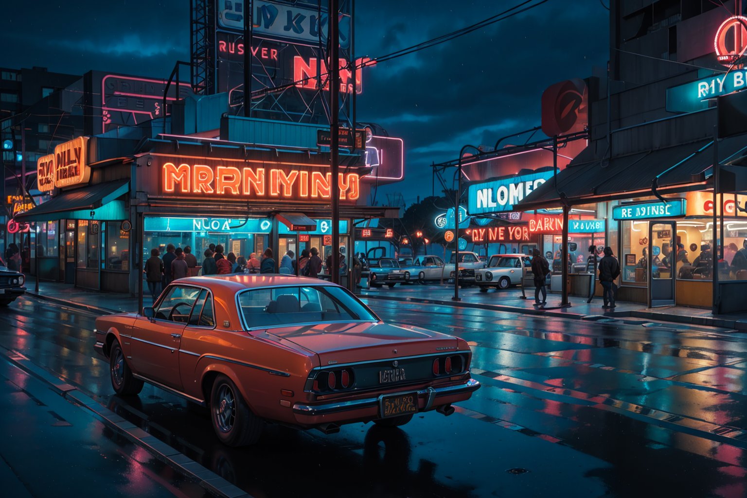 a classic car parked in front of a diner, 80's diner, parking lot, wet asplhalt, night, neon sign, bloom, masterpiece, bloom, 8k, high resolution, reflection,yofukashi background, in style of greg rutkowski,Movie Still,Film Still,3DMM,no_humans,city