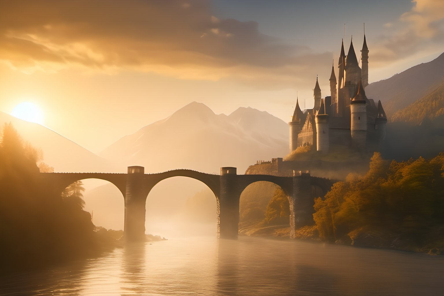 fantasy castle, mountain background, dramatic atmosphere, foggy morning, sun ray, river, bridge, photorealistic, masterpiece, 8k, high_resolution,Movie Still