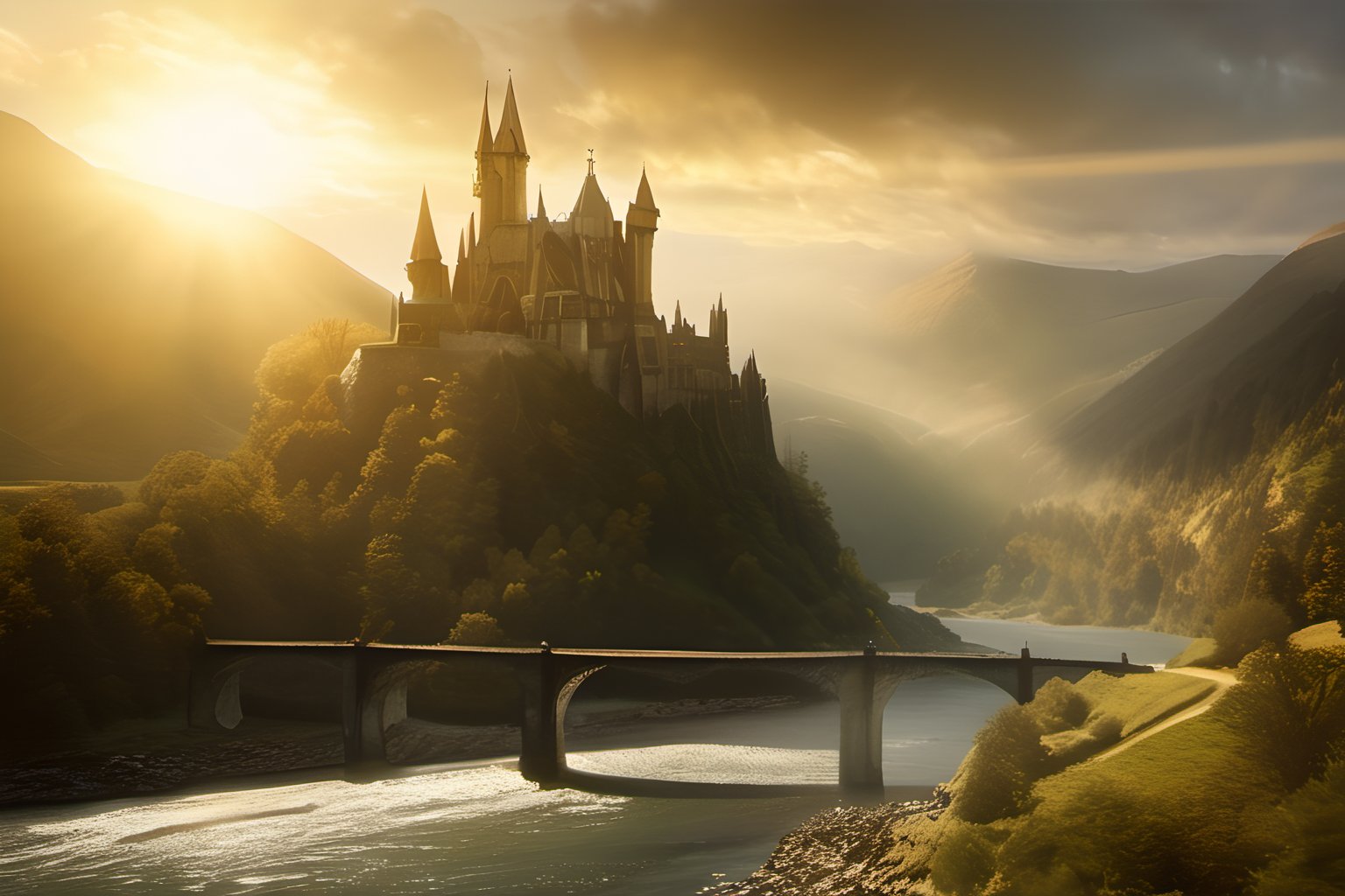 fantasy castle, dramatic atmosphere, the lord of the rings, sun ray, river, bridge, masterpiece, 8k, high_resolution,Movie Still