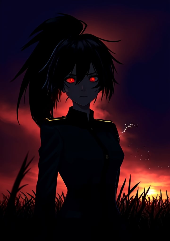 masterpiece, best qualiaty, 1girl, black-hair, red_eye, without expresion, low_ponytail, ahoge, black uniform, military uniform, thousand yard gaze, dirt on the face, sunset, darkness, background grasslands, looking_at_nothing,	 SILHOUETTE LIGHT PARTICLES, ,mysticlightKA, messy uniform,(best quality