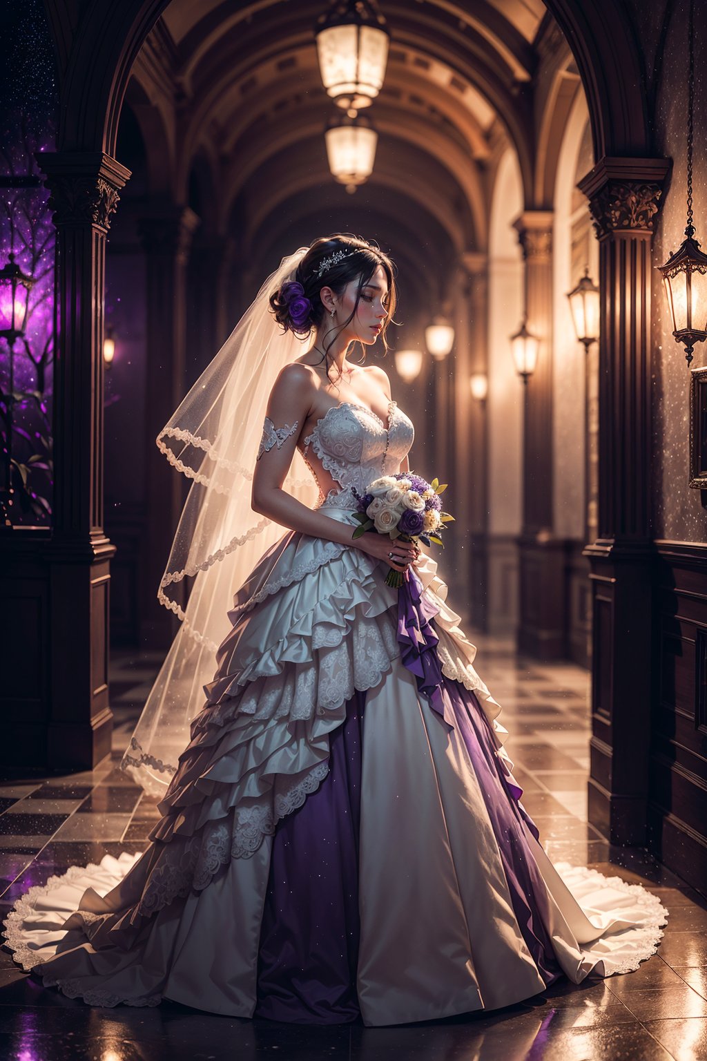 Story, bride posing under a fairy tale, elaborate scene style, glitter, purple, realistic style, 8k,exposure blend, medium shot, bokeh, (hdr:1.4), high contrast, (cinematic, purple and white film), (muted colors, dim colors, soothing tones:1.3), low saturation, (hyperdetailed:1.2), (noir:0.4)