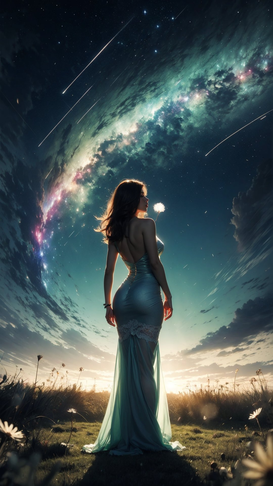 (long-shot photo:1.4) of a beatutiful woman wearing a sheer summer dress (blowing a dandelion), dandelion field, stars and moonlight rays, colorful, (photo-realisitc), nebula background, nebula theme,exposure blend, full body shot, bokeh, (hdr:1.4), (wind:1.5), high contrast, (cinematic, teal and green:0.85), (muted colors, dim colors, soothing tones:1.3), low saturation, hourglass body shape, EpicSky, cloud, hourglass body shape