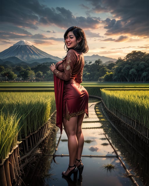 A Gorgeous black haired female Indonesian West Javanese Rice Farmer wears light green kebaya dress with a happy face and light laugh, nurturing her just about to crop rice at her vast rice field with beautiful volcano in background, bamboo hut and bamboo woods, an epic masterpiece hyper realistic digital art of Frank Bellamy, professional color grading by Kenneth Hines Jr. , 80's European Color Comic Style

standing and with a big ass, big and voluptuous breasts, sensual and erotic, front view, with a large and erotic sex, nude, full body, front view