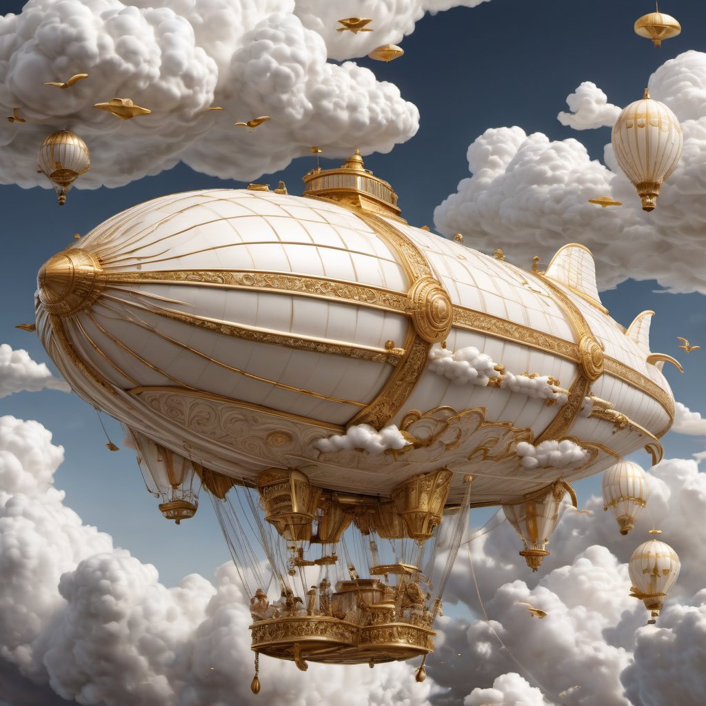 IvoryGoldStyle of dirigible, white and gold, hyper-detailed, intricated,clouds, high_res