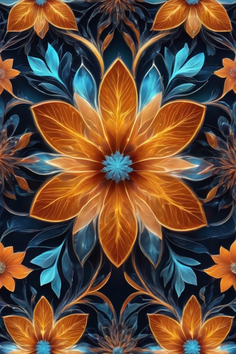 frozen nature, Incorporate elements like flowers, leaves, animals, and other natural patterns to create a unique and intricate design, symmetrical,perfect_symmetry, subsurface scattering, transparent, translucent skin, glow, bloom, Bioluminescent liquid,3d style,cyborg style,Movie Still, warm color, vibrant, volumetric light