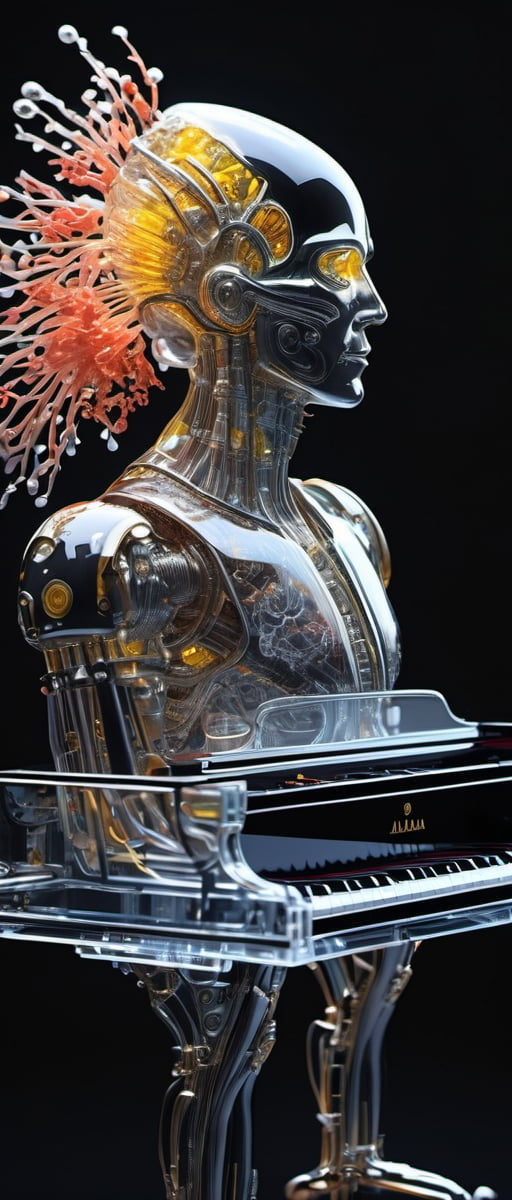 anatomically correct a bio mechanical cyborg piano made of glass and metal, shine, subsurface scattering, transparent, dark background, glow, bloom, coral,  Bioluminescent, white and allow yellow liquid, volumetric light, tube, 3d style,cyborg style,Movie Still,Leonardo Style