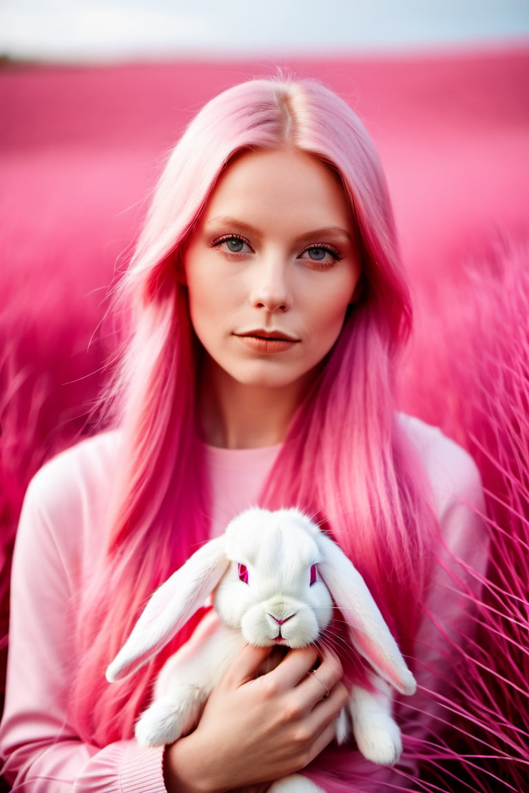 (pink monochromatic image, beautiful young Scandinavian woman with pink bunny, long pink hair, shot outside, pink grass, hasselblad 1600f )