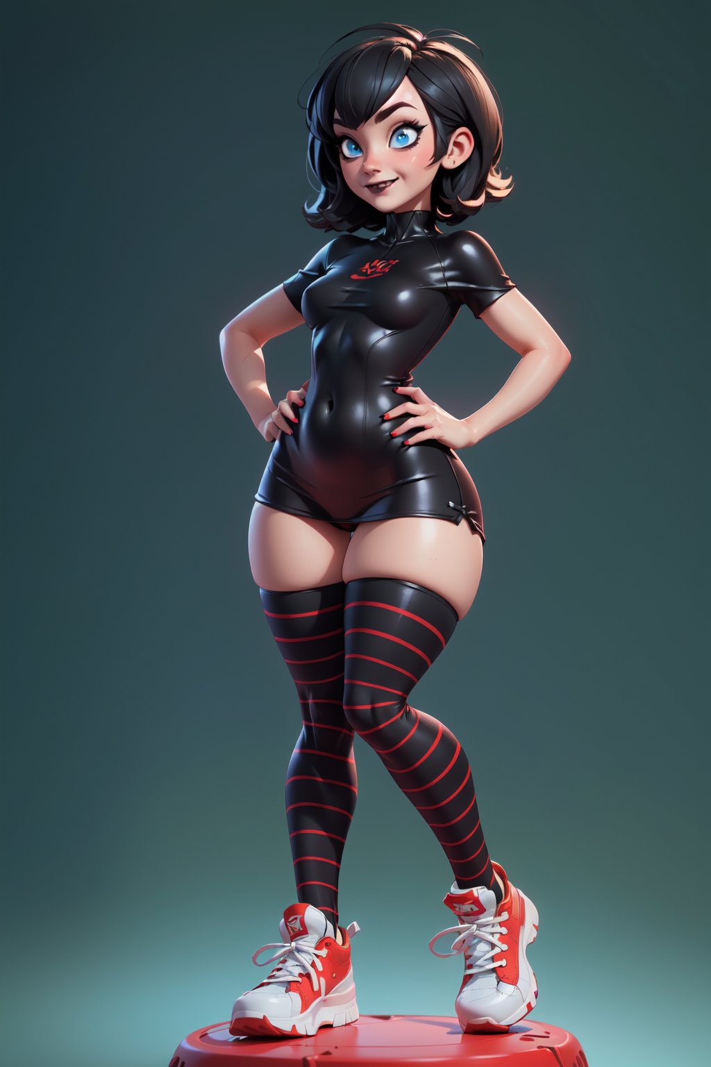 beautiful girl as mavis dracula, shy , (pale skin) , corner smile,   blushing , full body, standing, action pose, (curvy body), (small breasts:1.3) ,  (thick legs) , (black lipstick ) , (defined body), (black shirt)   , (red sneakers allstar) , (red and black striped stockings) ,  highly detailed light blue eyes, castle background, extremely detailed, center image, bright sides , masterpiece