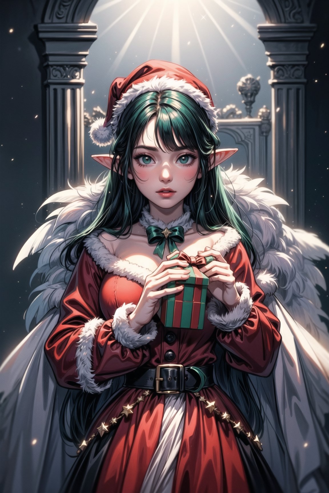 A Ultra realistic, a stunningly portrait, Cute and adorable christmas baby elf with gifts, hoarfrost metal lace, christmas theme,  fantasy, sunlight, sunbeam, intricate detail, 12k, front, cover, unzoom, hyperdetailed painting, luminism, Bar lighting, complex, 4k resolution concept art portrait by Greg Rutkowski, Artgerm, WLOP, Alphonse Mucha, little fusion pojatti realistic , fractal isometrics details bioluminescens : a stunning realistic photograph, wide angle, red, green, white colors
,1 girl,Santa Claus