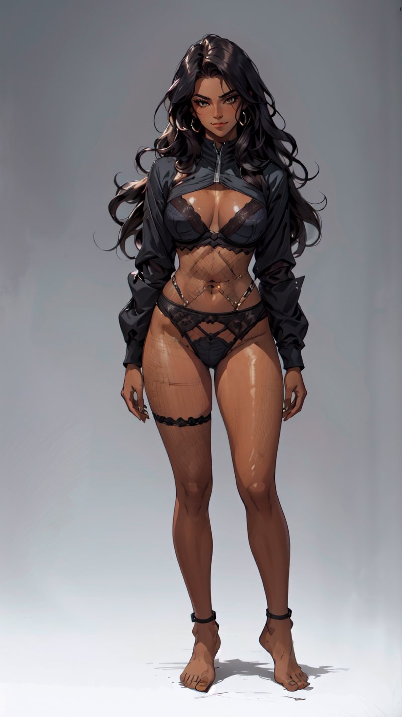 One woman , (dark_skinned_female:1.5) , yellow_eyes , detailed eyes , large_breasts , brown_hair , dredlocks , perfect legs , barefoot , slim thicc , septum_piercing , masterpiece , best quality , ultra detailed , ("detailed background") , perfect shading , high contrast , best illumination , extremely detailed , ray tracing , realistic lighting effects , beautiful detailed face , beautiful full lips , light smile , long_hair , straight_hair , (make-up) , (black eye shawdow) , (black eye liner) , (red sexy bra & pantie) , full-body_portrait