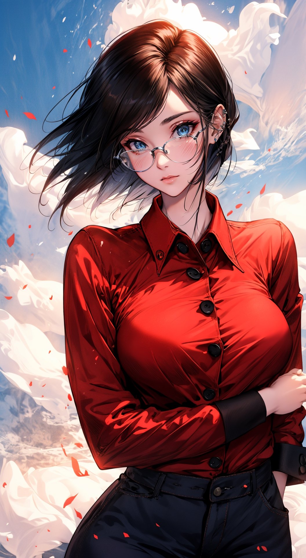 one woman , full lips , light smile , light_blue_eyes , bob_cut , straight_hair , black-hair , (make-up) , (black eye shawdow) , (black eye liner) , (dark-red lipstick) , (black glasses) , (red shirt with buttons no sleeves) , black skirt with side buttons , septum-piercing , best lighting , large_breasts , clouds , full_body , beautiful background