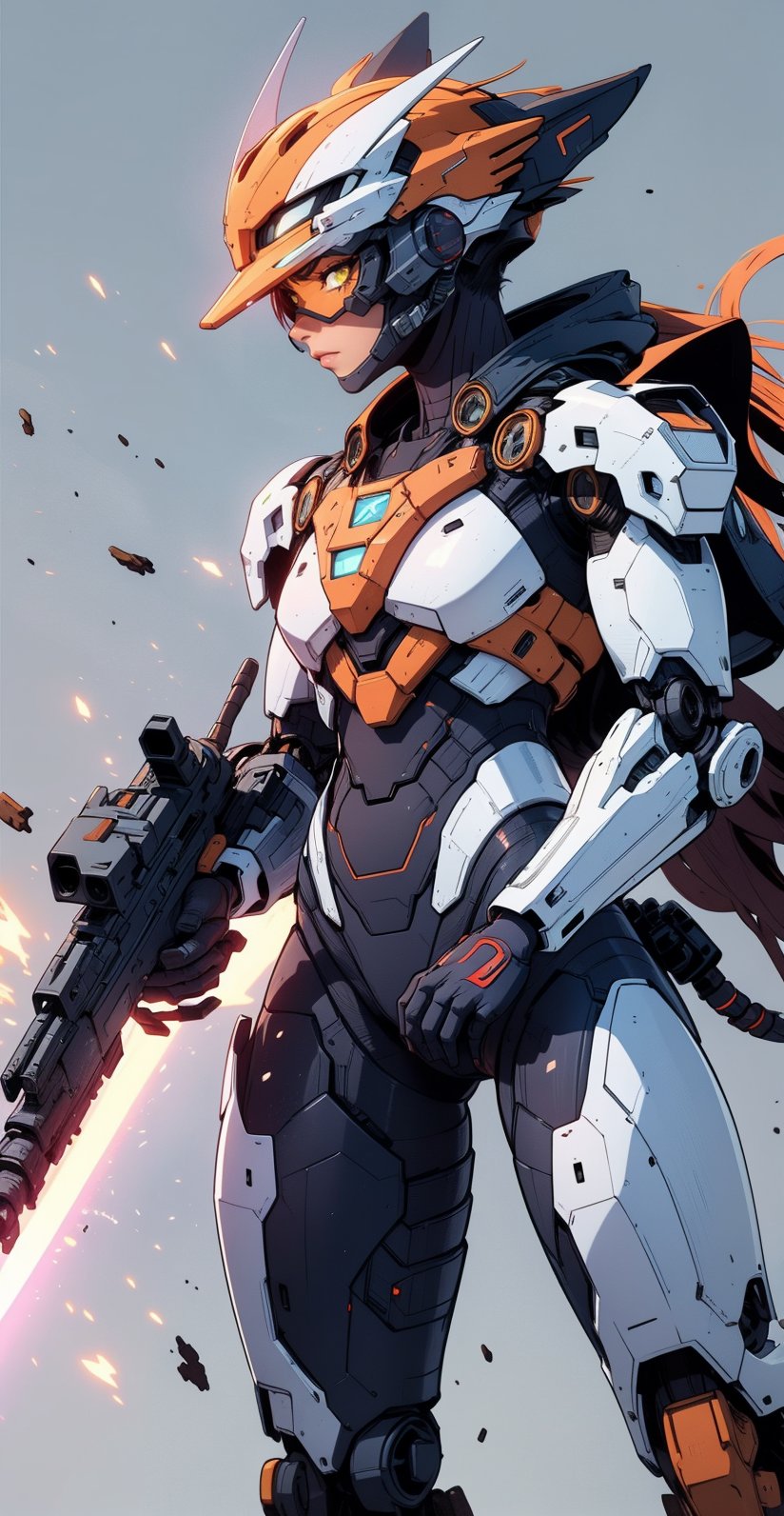 A mecha suit, exo suit, plasma sword, face coved helmet, blaster cannon, ash clouds background, 