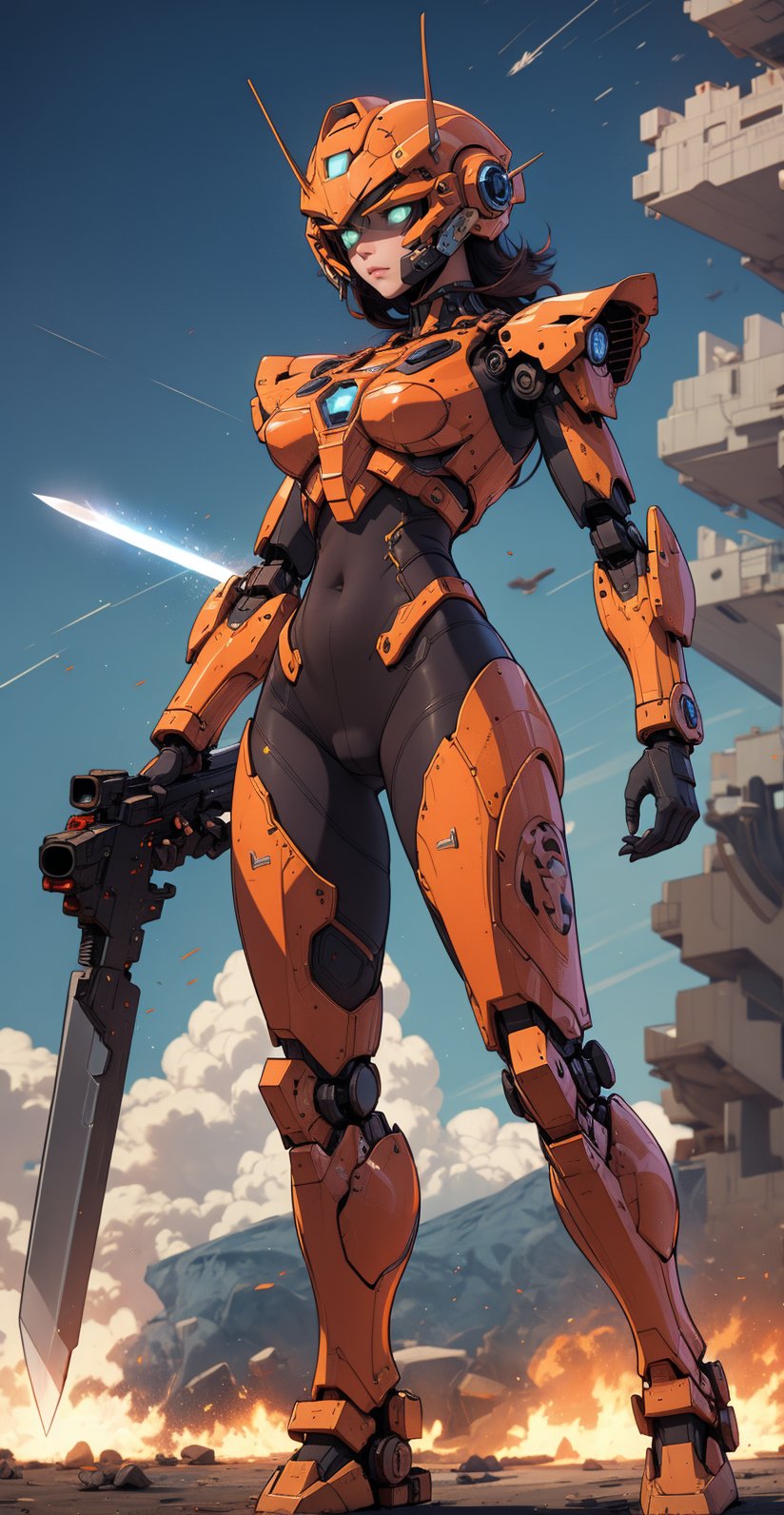 A mecha suit, exo suit, female shape mecha suit, plasma sword, face coved helmet, blaster cannon, ash clouds background, 