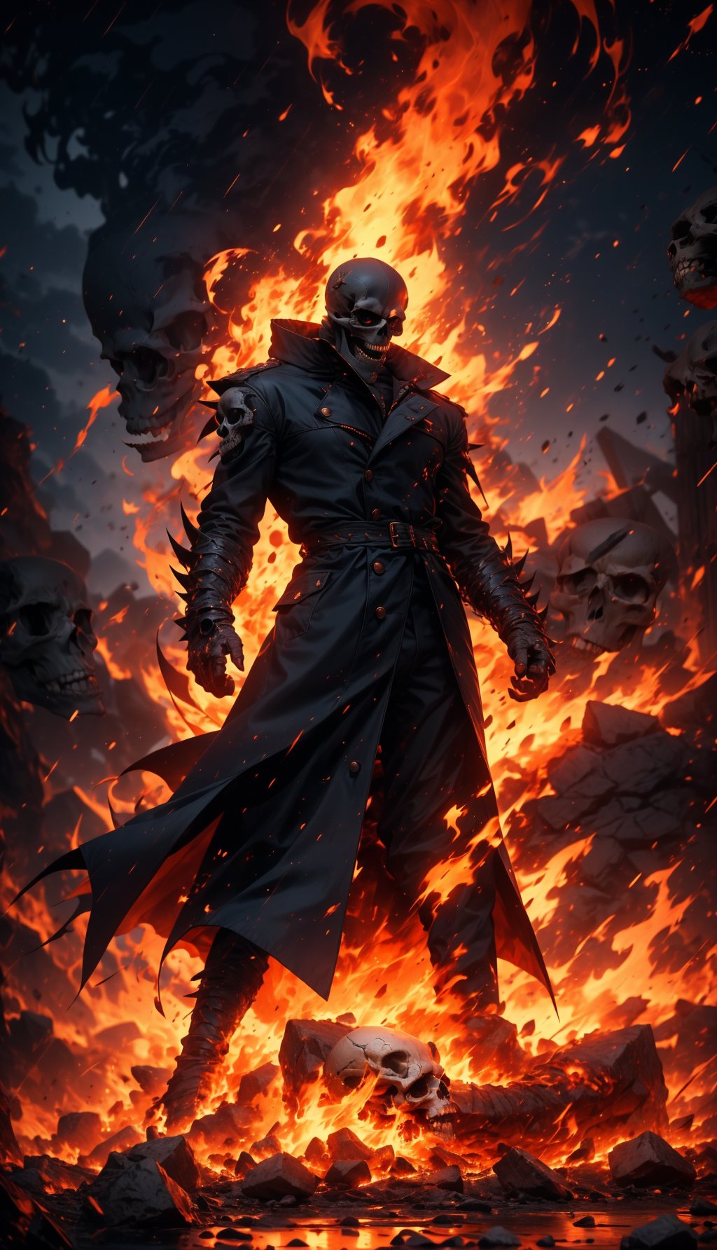(Masterpiece, best quality, ultra-detailed, best shadow, Unreal Engine 5), (detailed background), one man, ((evil skull head with sharp teeth)), black polo with three buttons, armor shoulder plates, flicking the finger, ((red-colored apparel, often in the form of long, two-tailed coats)), open coat, black fingerless gloves, black military-style boots, fire-around, rocks, ruins, red-eyes, eyes-glowing, top hat, rain-fire, fire around her,SAM YANG,3DMM,EpicSky