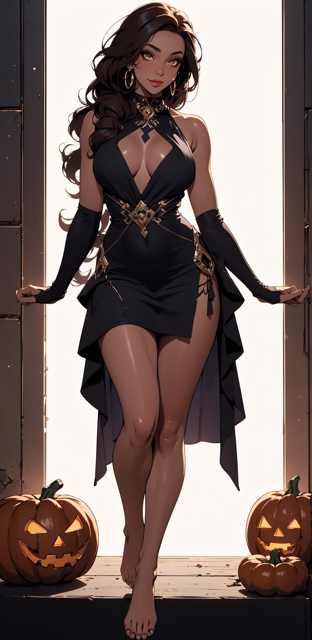 One woman , (dark_skinned_female:1.5) , yellow_eyes , detailed eyes , large_breasts , brown_hair , dredlocks , perfect legs , barefoot , slim thicc , septum_piercing , masterpiece , best quality , ultra detailed , ("detailed background") , perfect shading , high contrast , best illumination , extremely detailed , ray tracing , realistic lighting effects , beautiful detailed face , beautiful full lips , light smile , long_hair , straight_hair , (make-up) , (black eye shawdow) , (black eye liner) , (black dress) , Day of the Dead halloween , full-body_portrait