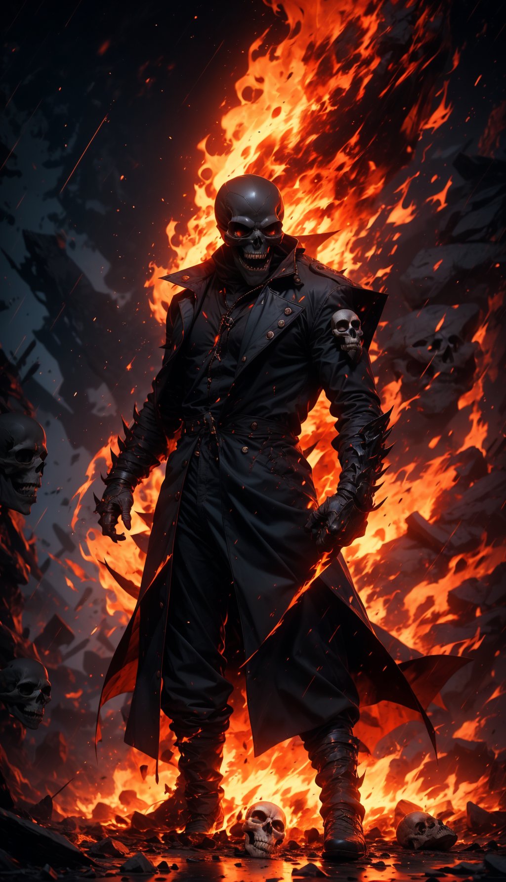 (Masterpiece, best quality, ultra-detailed, best shadow, Unreal Engine 5), (detailed background), one man, ((evil skull head with sharp teeth)), black polo with three buttons, armor shoulder plates, flicking the finger, ((red-colored apparel, often in the form of long, two-tailed coats)), open coat, black fingerless gloves, black military-style boots, fire-around, rocks, ruins, red-eyes, eyes-glowing, rain-fire, fire around him,SAM YANG,3DMM,EpicSky