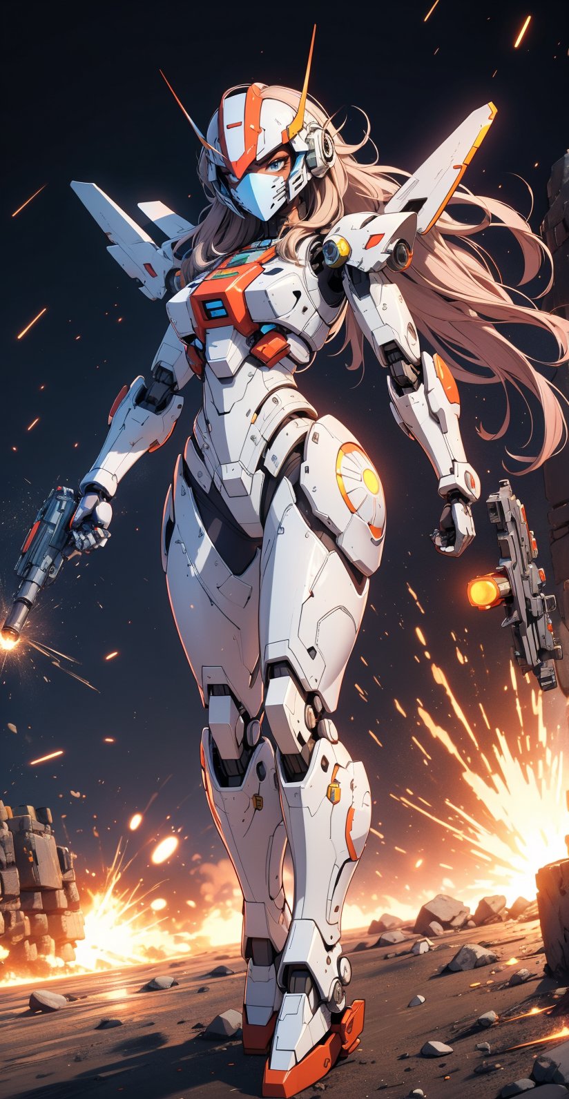 A mecha suit, exo suit, mecha face mask, female shape mecha suit, (blaster cannon), face coved helmet, LED lights on mecha, explosion background, in a battle, full_body 