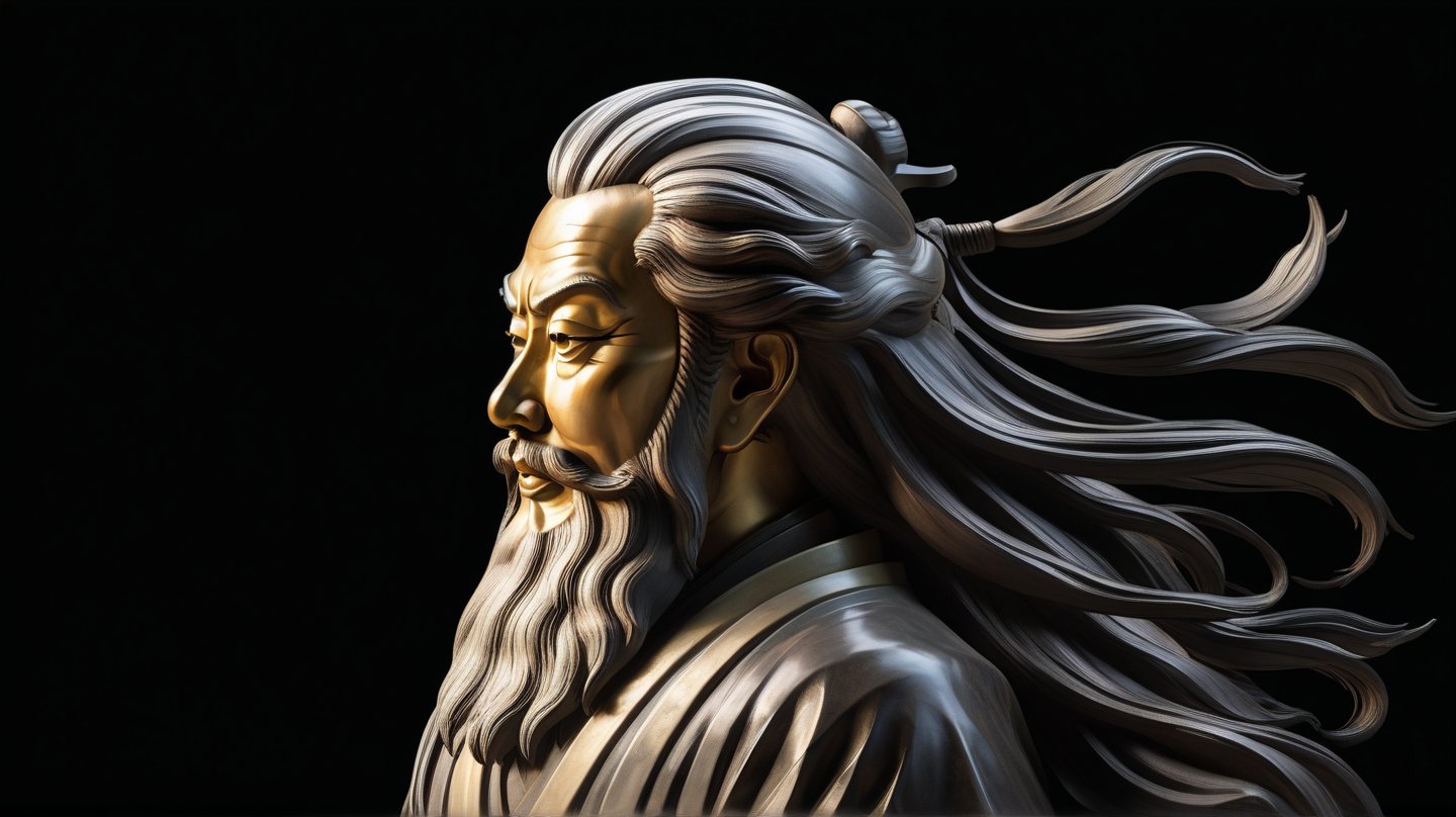 A wise Chinese philosopher stands regally against a deep black background, illuminated by soft, dreamy sunlight that accentuates the striking contrast between his hair and face. His back turned to the viewer, attention is drawn to his serene features, radiating wisdom and vigor as the gentle light highlights the contours of his visage.
