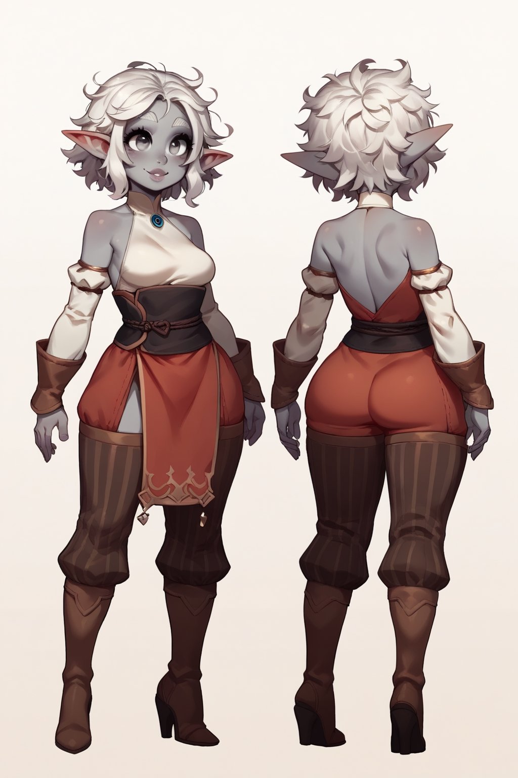score_9, score_8_up, score_7_up, source_cartoon, rating_questionable, highly detailed, (doxy:0.4), fantasy drow elf girl, cute face, round face, (grey skin), detailed silver eyes, thick eyebrows, (plump), plus-size, wide hips, thick arms, medium breasts, halter shirt, bare shoulders, ornate waist sash, kneehigh boots, revealing, detatched sleeves, (puffy striped pants), (messy hair, white hair), full lips, makeup, bright smile, multiple views, character sheet, (front, back, side), full body,