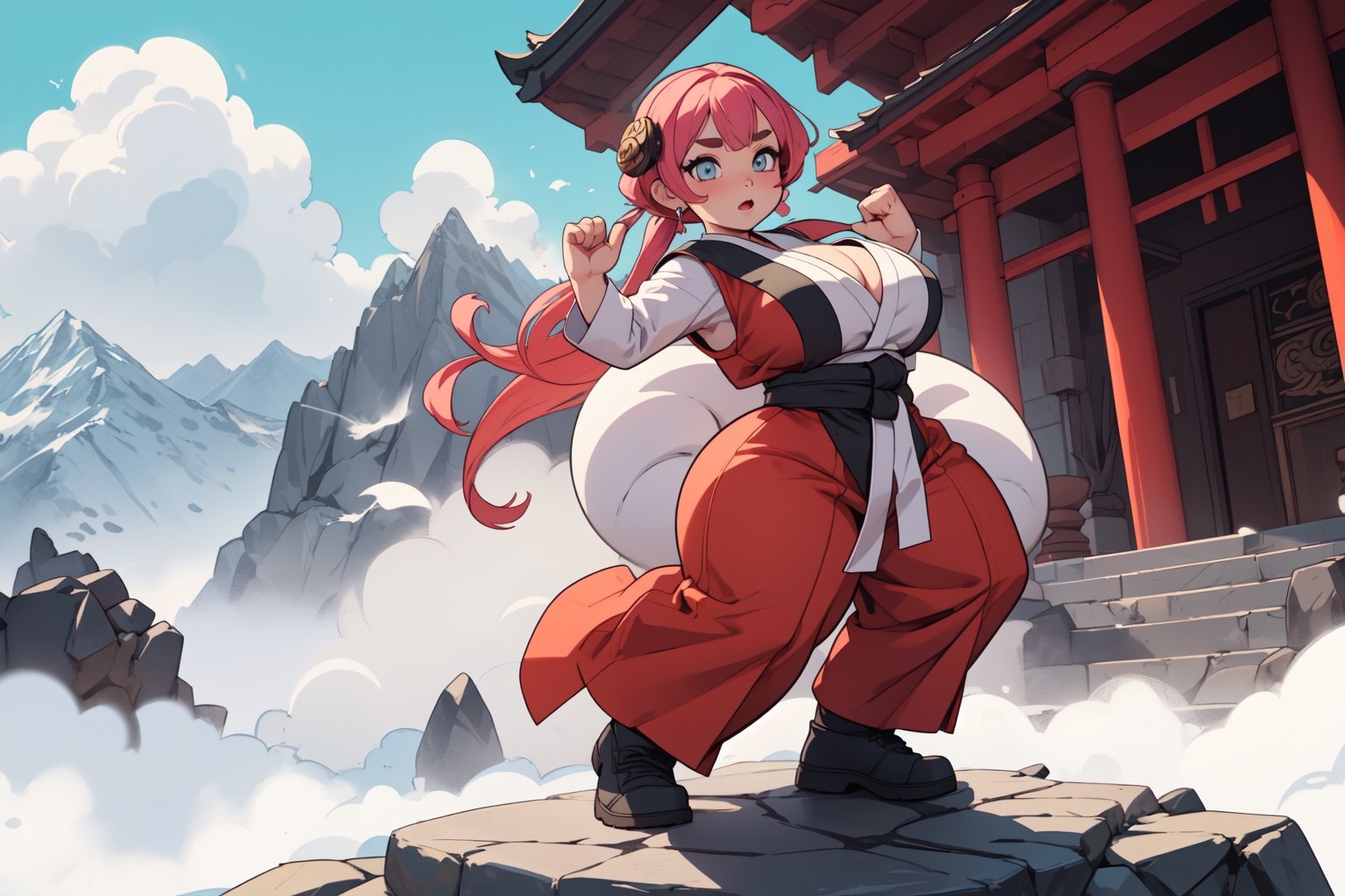 anime illustration, cute, chubby, ((martial artist, monk)), 1girl, ((shortstack, curvy figure, overweight, large breasts, thicc)), thick eyebrows, full body, vibrant colors, dynamic lighting, dynamic angle, detailed eyes, (mountain temple background),