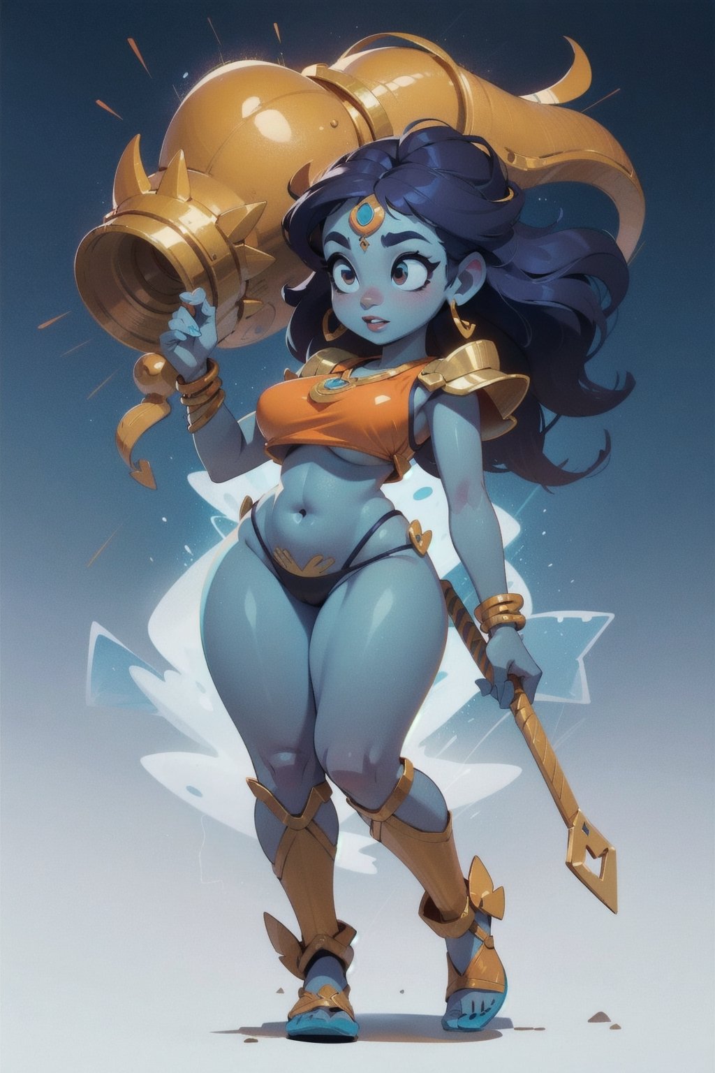 (an attractive woman), (Indian Goddess Shiva), (((colored skin, blue skin))), full body, standing, solo, front view, ((curvy, wide hips)), big ass, medium breasts, bare midriff, belly button, thick thighs, (multicolored hair), (underboob), (gold armor), micro thong g-string, golden bracelet, golden anklet, golden shin guards, spread legs, sparkling eyes, full lips, lightning, gradient blue background, masterpiece,