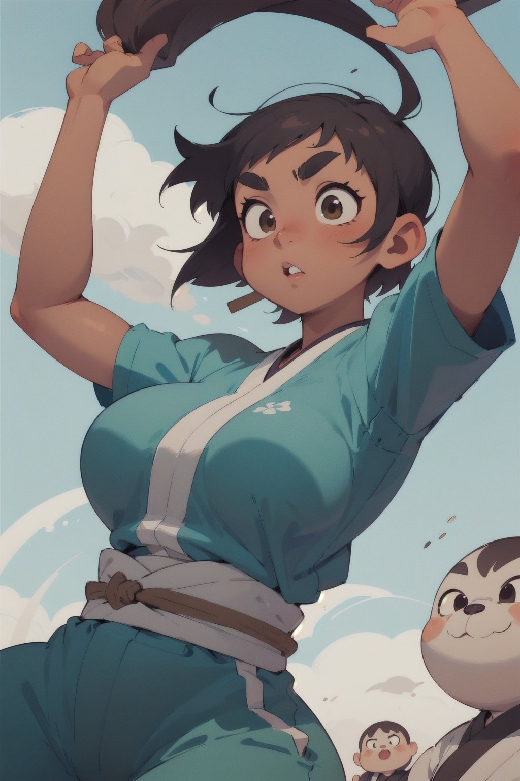 anime illustration of a cute chubby martial artist girl, fighting stance, ((shortstack, curvy figure, overweight, large breasts, thicc)), short hair, thick eyebrows, ((tan, tanned skin)), action pose, arms up ((dynamic angle)), dougi, short sleeves, wide belt obi,