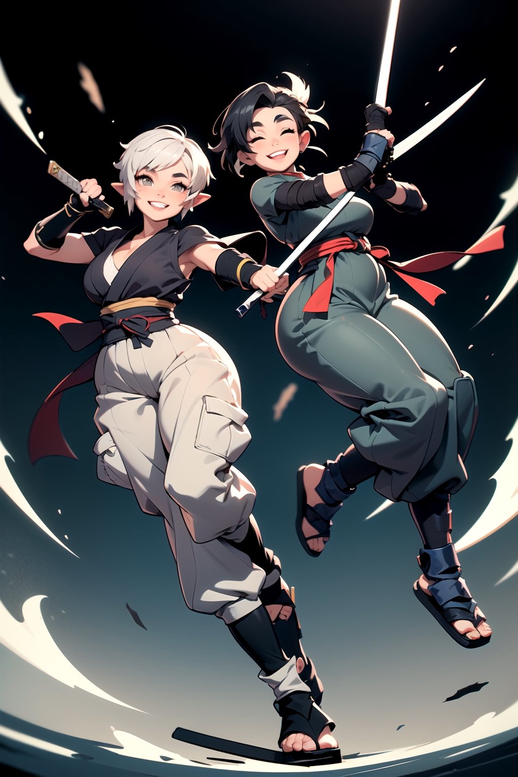 masterpiece,  best quality,  (mature female,  curvy figure,  wide hips,  thicc,  small breasts, plump),  ((short)),  (short hair,  tomboy, pixie_cut),  (pale grey skin), white hair,  thick eyebrows, pointed ears, ((happy, smiling)), ((shinobi clothing, obi, ninja, shin guards, baggy pants, hip vent)), ((dynamic angle)), (dynamic pose),