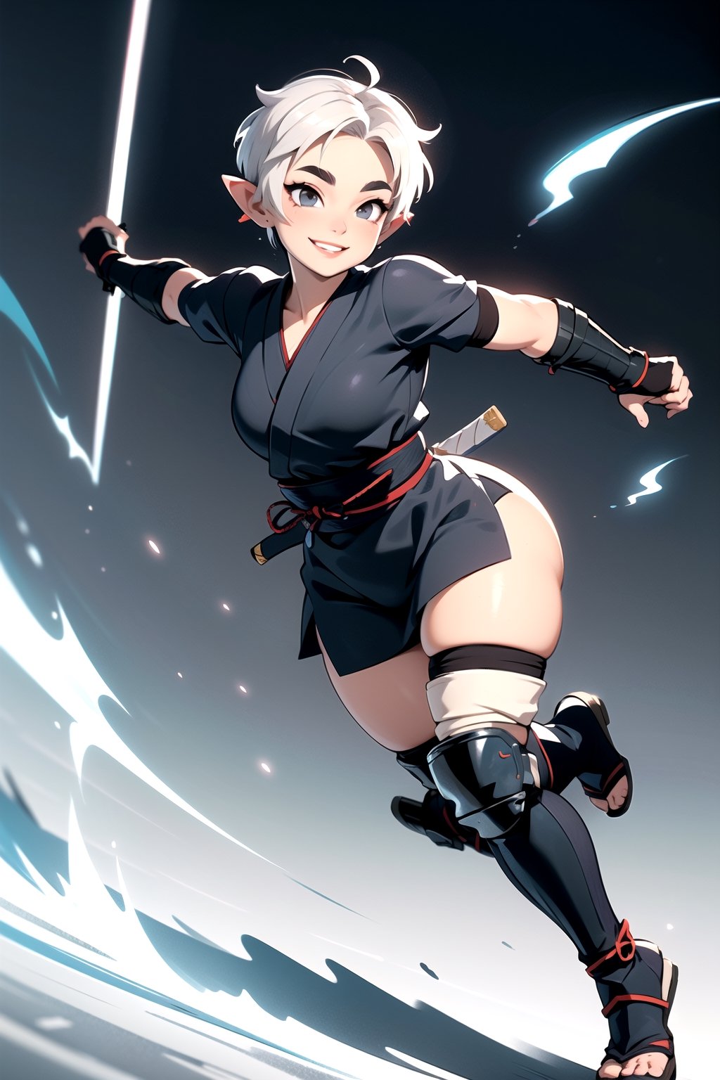 masterpiece,  best quality,  (mature female,  curvy figure,  wide hips,  thicc,  small breasts, plump),  ((short)),  (short hair,  tomboy, pixie_cut),  (pale grey skin), white hair,  thick eyebrows, pointed ears, ((happy, smiling)), ((shinobi clothing, obi, ninja, shin guards)), ((dynamic angle)), (dynamic pose),