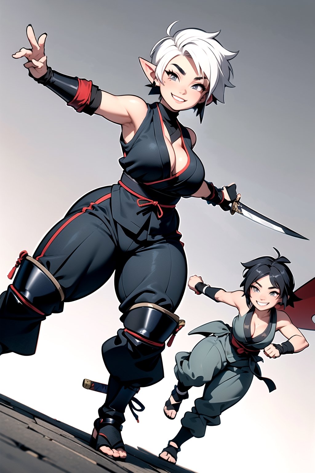 masterpiece,  best quality,  (mature female,  curvy figure,  wide hips,  thicc,  small breasts, plump),  ((short)),  (short hair,  tomboy, pixie_cut),  (pale grey skin), white hair,  thick eyebrows, pointed ears, ((happy, smiling)), ((shinobi clothing, obi, ninja, shin guards, baggy pants, hip vent)), ((dynamic angle)), (dynamic pose),