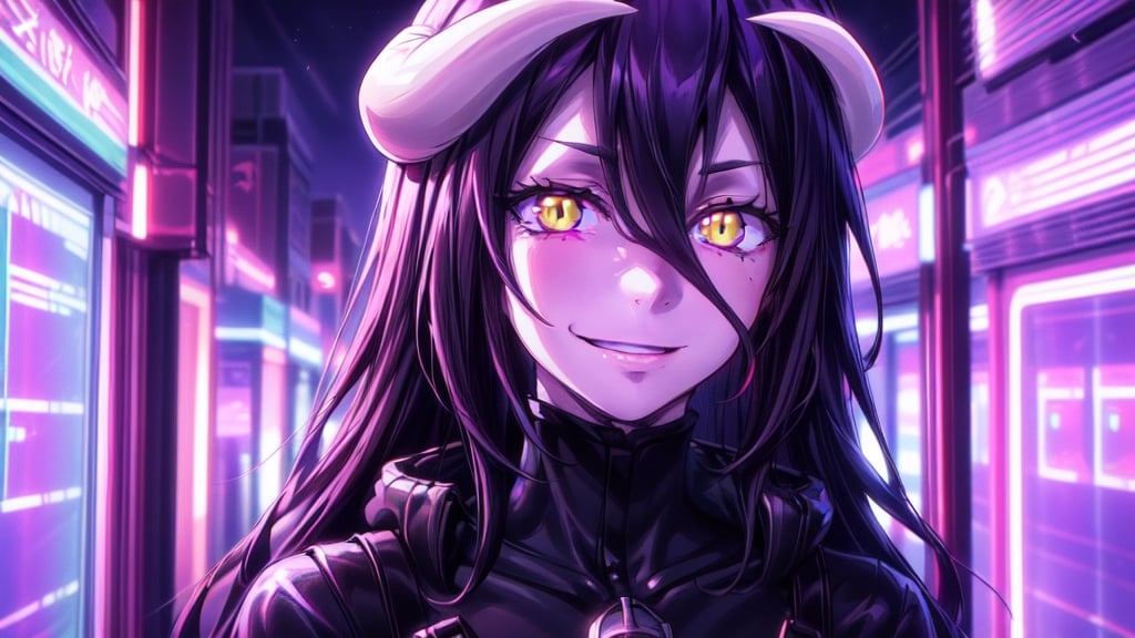 best quality, masterwork, high quality, anime art style, dark background, creepy, whide dmile, neon light, blue and purple lighting, dynamic lighting, glowing eyes, creepy smile, sucubus, albedo, intense colors, neon lights,albedo