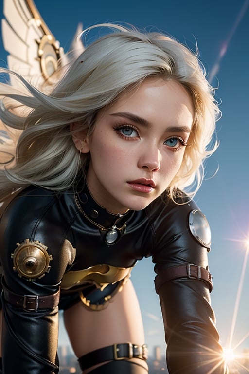 a seductive girl flying into the sky, flying over megalopolis , wearing superhero's costume, perfect anatomy, perfect face, glowing white eyes, white hair with windy hair, dynamic flying pose, detailed fabric texture, lens flare, Detailedface, (steampunk),