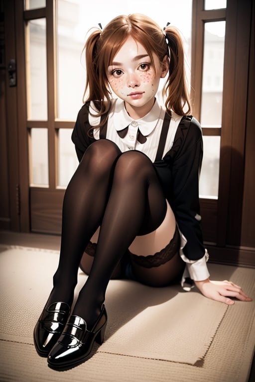 female_solo, full body shot, Pippi Longstocking, long twin tails,((thigh-high length long stockings with different colors - one in border and the other in brown )),cute scandinavian girl, large eyes, smirk, freckles,oversized business shoes, sitting with folding knees, character focus,Detailedface,photorealistic