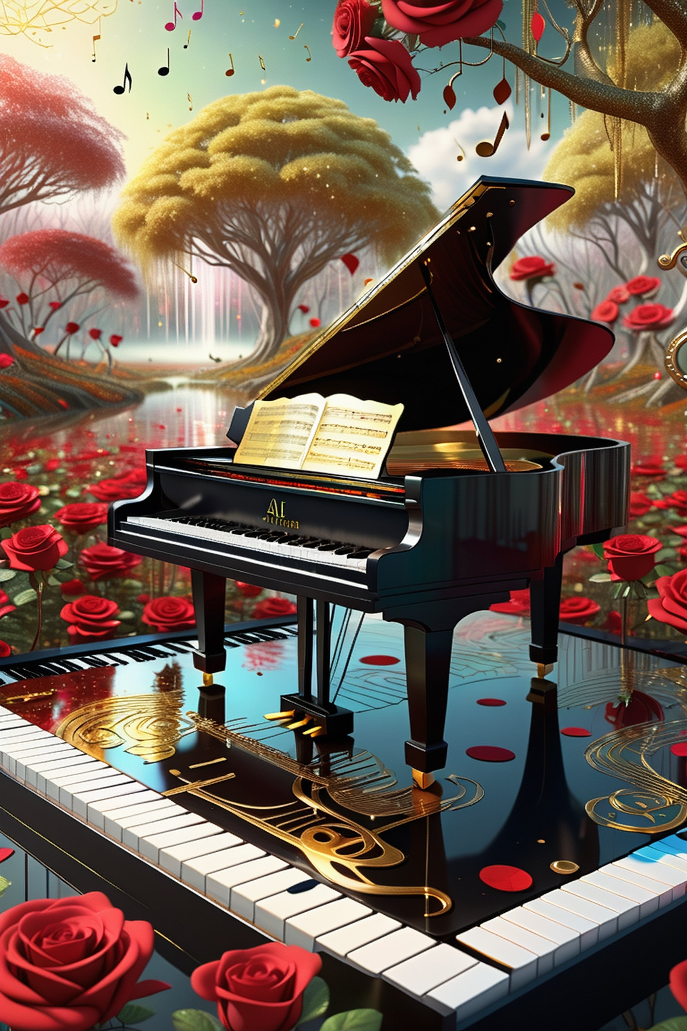 a grand piano over there far away a Swamp, with music notes colorful Allen world with DMA, analogue spectrum hologram, close-up a roses, hologram vortex simulation, Cristal trees, red, gold and silver patterns, swamp background hyper detailed, with Inca filer of gold, music notes, high resolution, cinema 4D