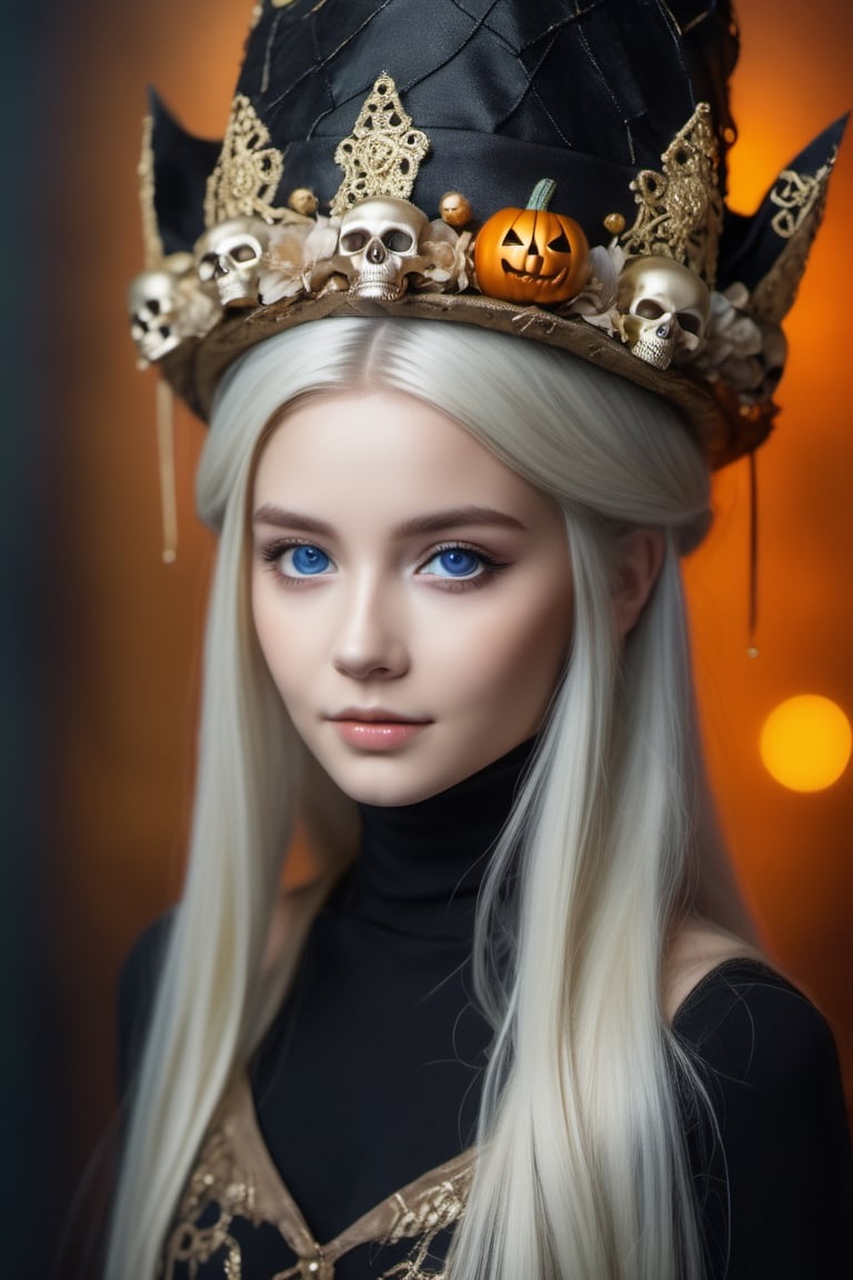 (((a girl with a halloween costume and a wizard hat in the halloween party))),realstic,portrait, gray hair, 1girl,smiling,Crown of large and small skulls (intricate detail), (super detailed), 8k hdr, high detail, lots of detail, high quality, soft cinematic lighting, dramatic atmosphere, atmospheric perspective