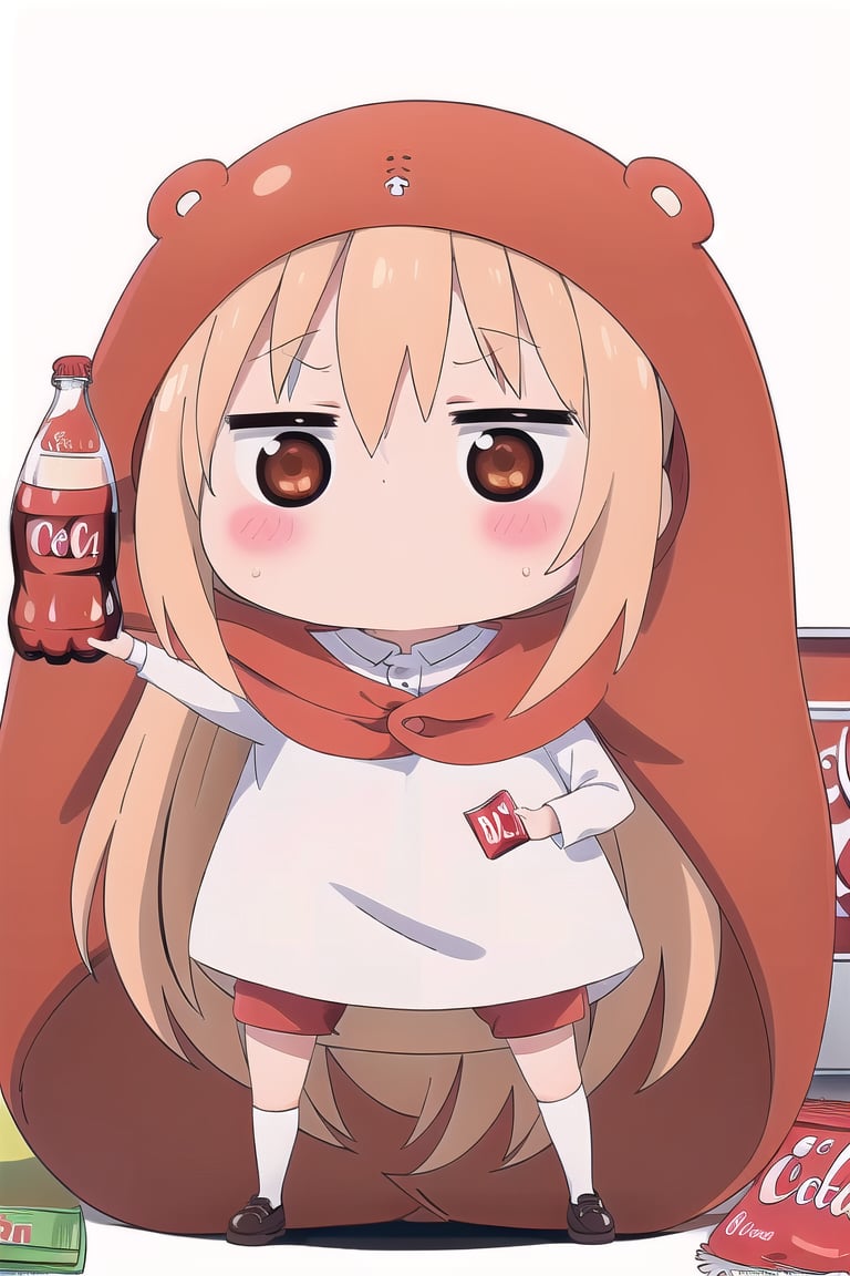 (masterpiece:1.3),best quality, (best quality, best quality: 1.3), (sharp quality),solo,umaru doma, blonde hair, brown eyes, long hair,umaru doma,chibi,Has a Coca -Cola bottle, cute,Brown clothes,Has a bag of potato chips,(empty_background),(white background:1.3),(She has a Coca -Cola bottle on her right hand:1.3),(She has a potato chips bag on her left hand:1.3),