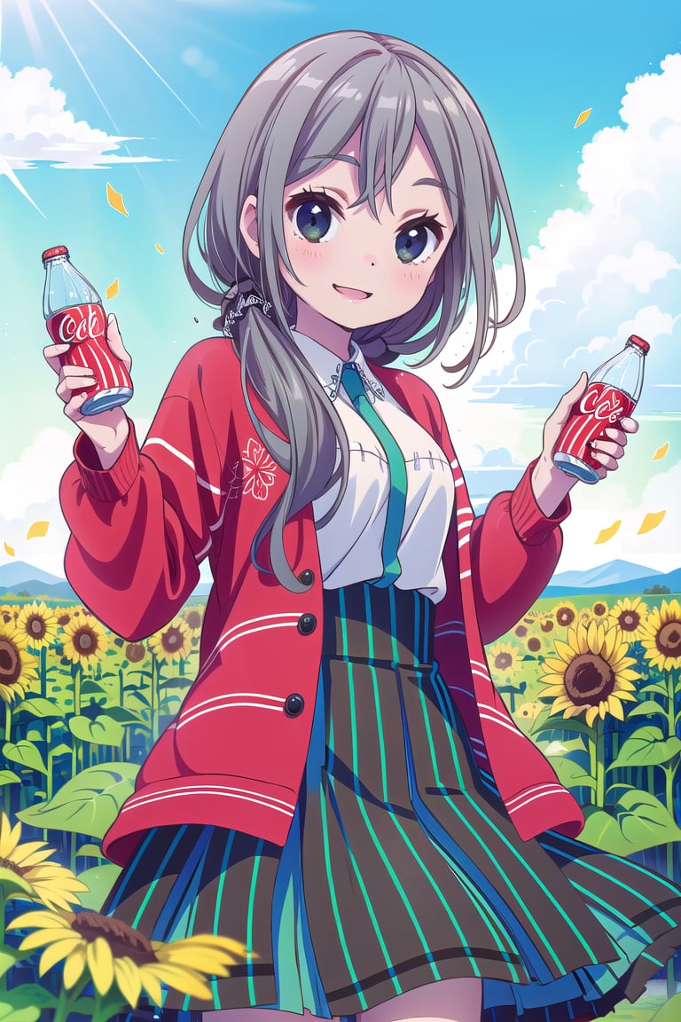 (Best Picture, Best Picture Quality Score: 1.3), (Sharpest Picture Quality), Perfect Beauty: 1.5,solo,Gray hair, long, hair tied to one side,school_uniform,red jacket,A white shirt with a light green vertical line,((Skirt with green and black vertical stripes)),frills,long sleeves,the best smile, very beautiful view, fluttering skirt,solo,blue sky,Sunflower fields, blue skies,Coca-Cola Bottle,seaside